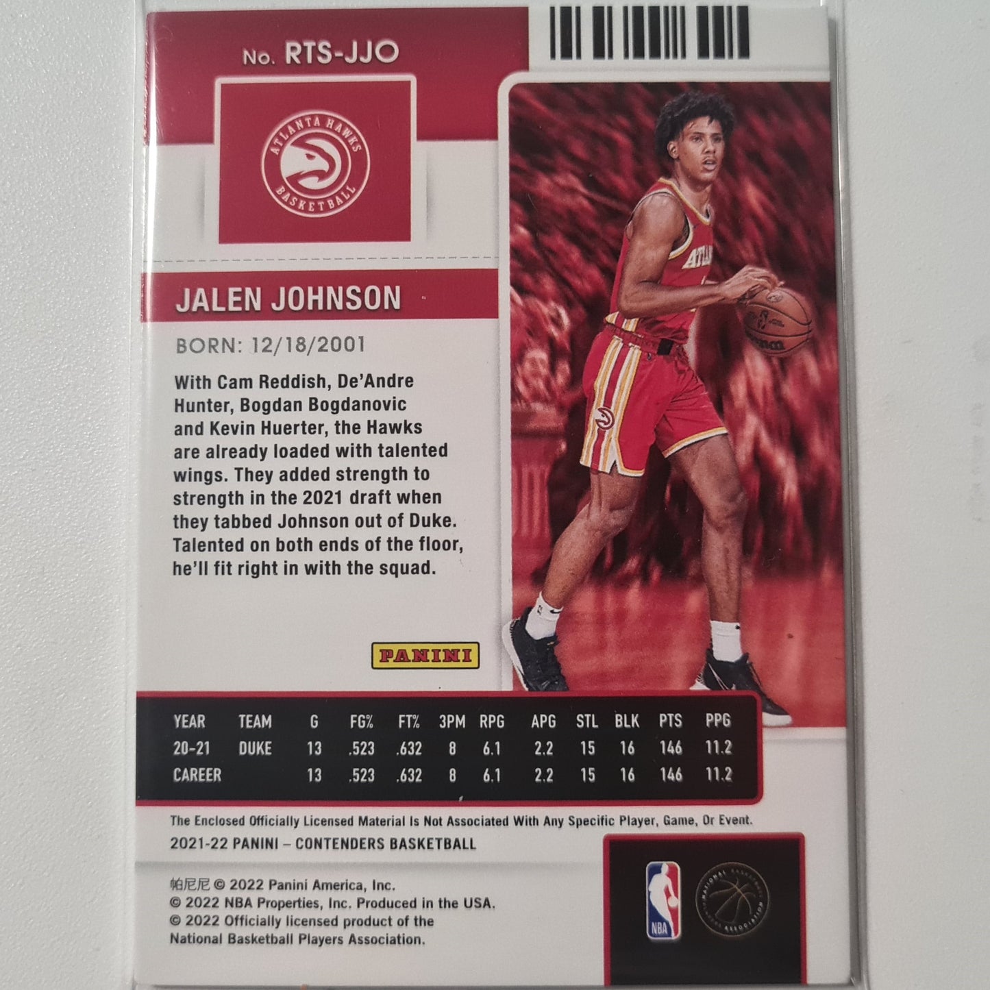 Jalen Johnson 2021-22 Panini Contenders Rookie Ticket RC Patch RTS-JJO NBA Basketball Atlanta Hawks Very good  sleeved