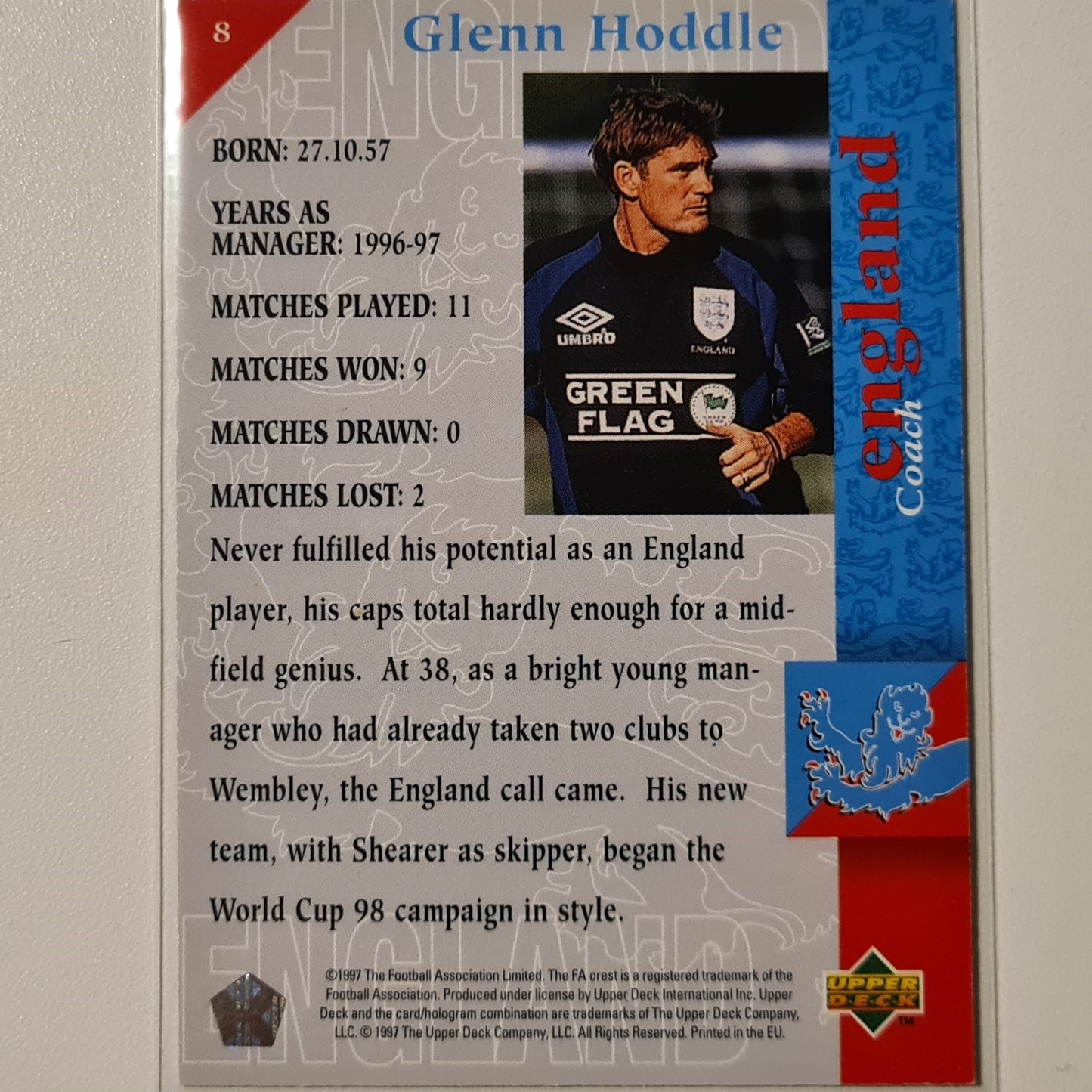 Glenn Hoddle 1997 Upper Deck England Soccer Call me coach #8  England World cup Good sleeved