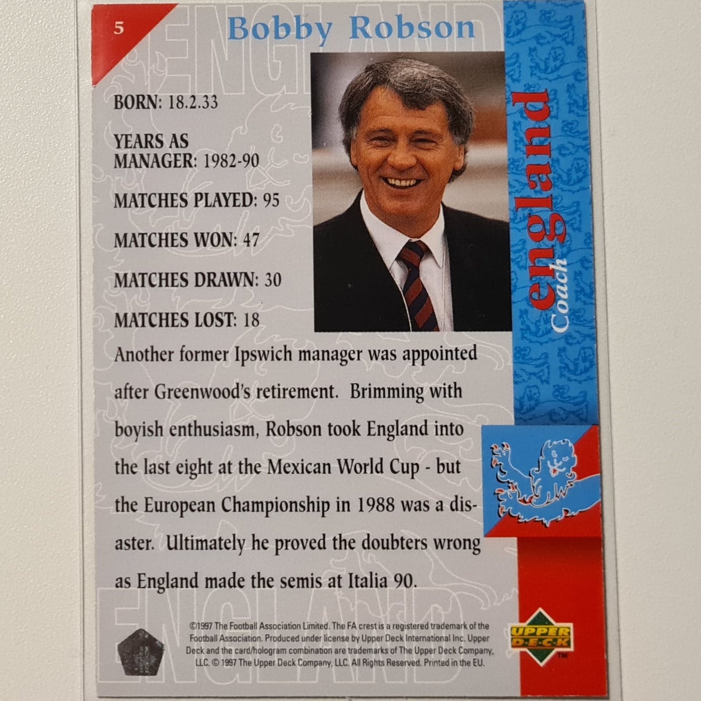 Bobby Robson 1997 Upper Deck England Soccer Nennen Sie mich Trainer Nr. 5 England Weltmeisterschaft Gutärmelig