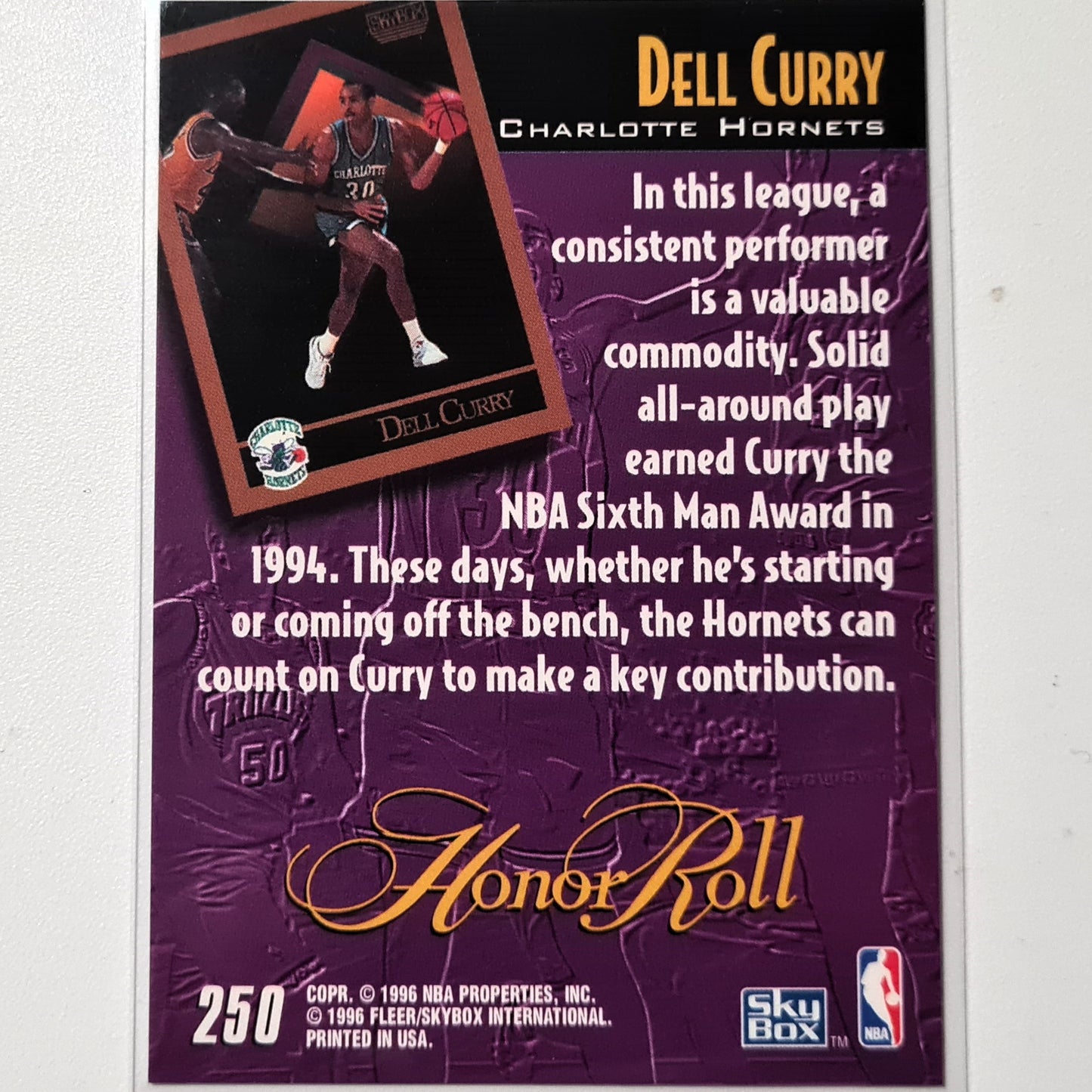 Dell Curry 1996 Skybox Honor Roll #250 NBA Basketball Charlotte Hornets Excellent Sleeved