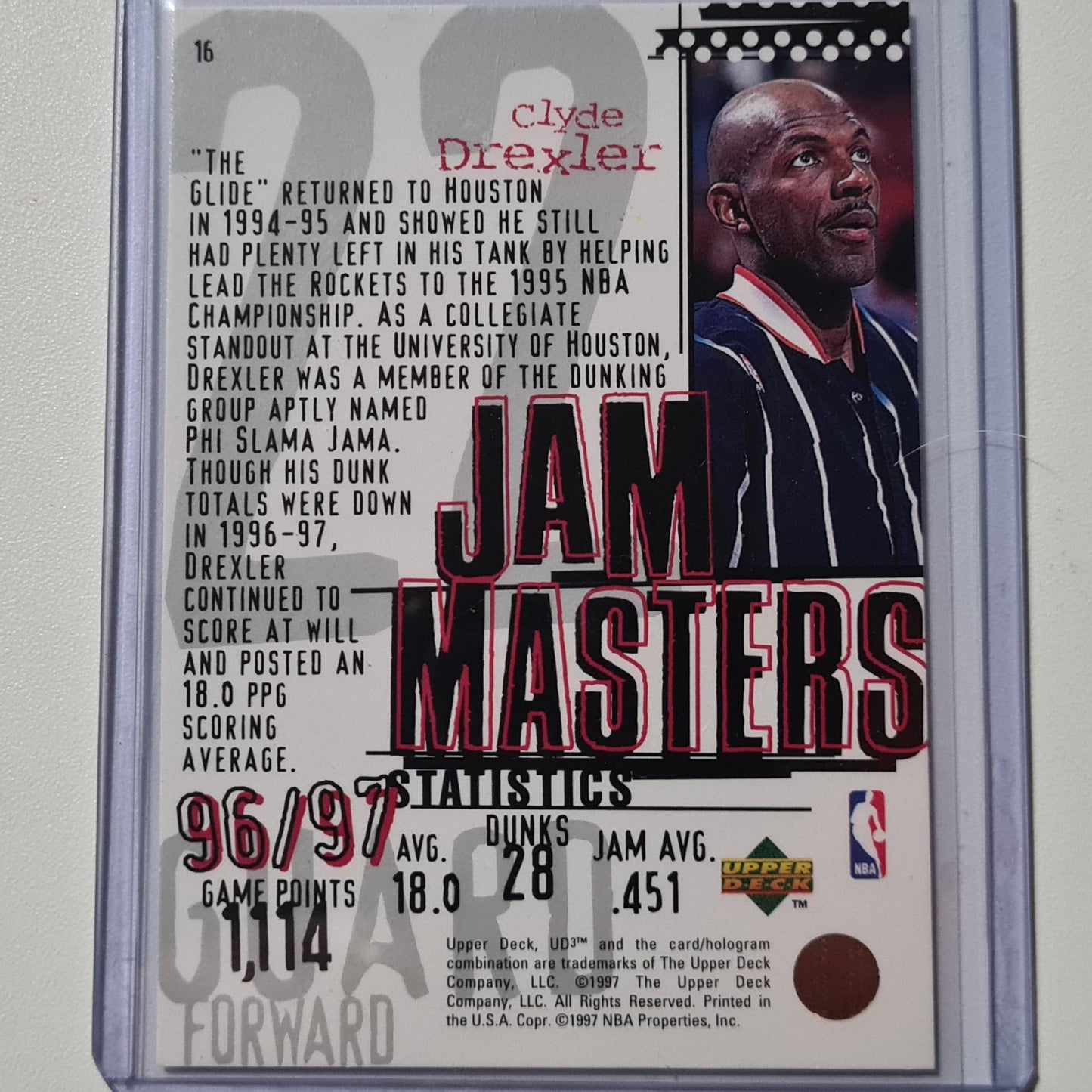 Clyde Drexler 1997 Upper Deck UD3 Jam Masters #16 NBA Basketball Houston Rockets Excellent sleeved