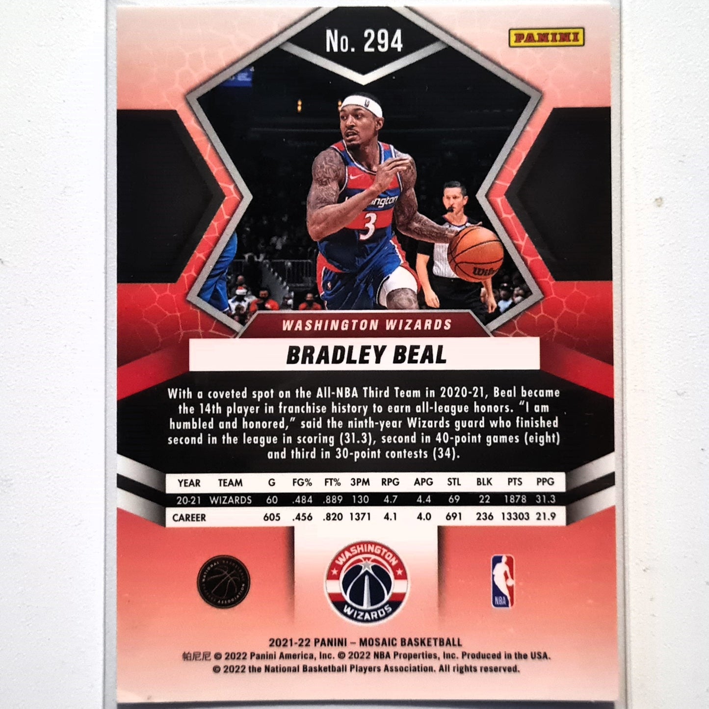 Bradley Beal 2021-22 Panini Mosaic all NBA #294 NBA Basketball Washington Wizards Good Sleeved