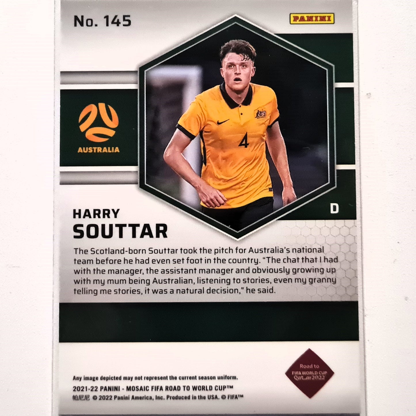 Harry Souttar 2022-23 Panini Mosaic Fifa road to the world cup Prizm Rookie RC #145 Soccer Australia Excellent-Mint Sleeved