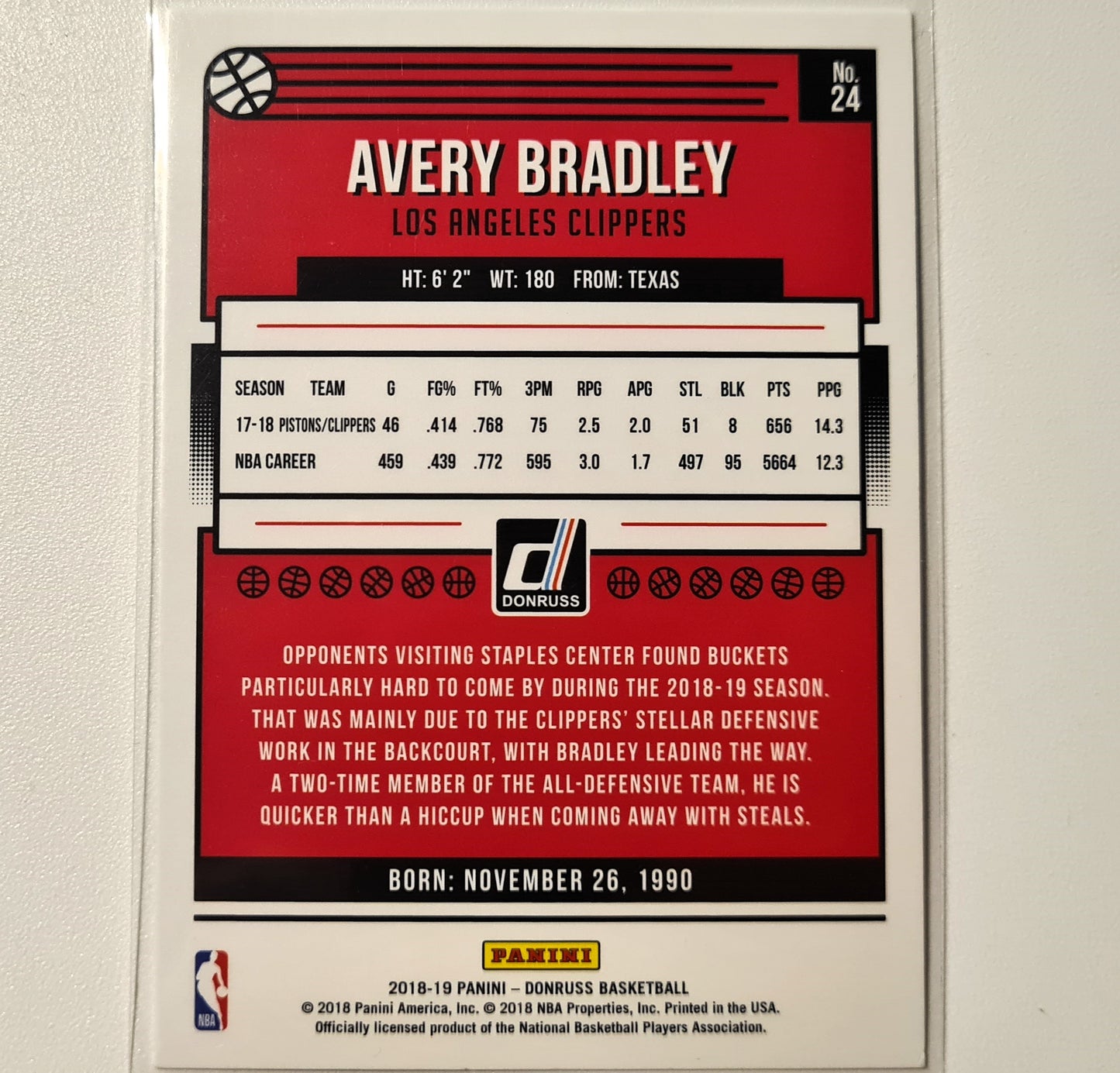 Avery Bradley 2018-19 Panini Donruss #24 NBA Basketball LA Clippers Excellent-Mint Sleeved