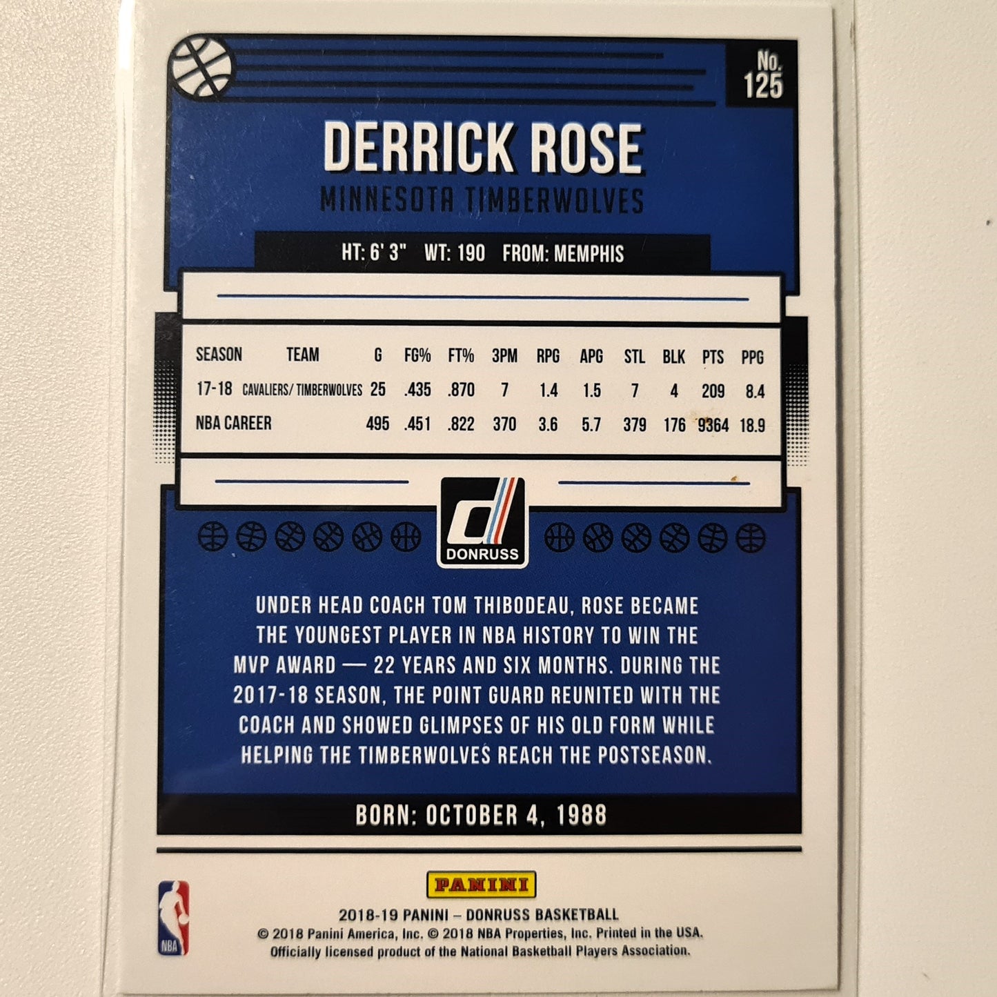 Derrick Rose 2018-19 Panini Donruss #125 NBA Basketball Minnesota Timberwolves Excellent-Mint Sleeved