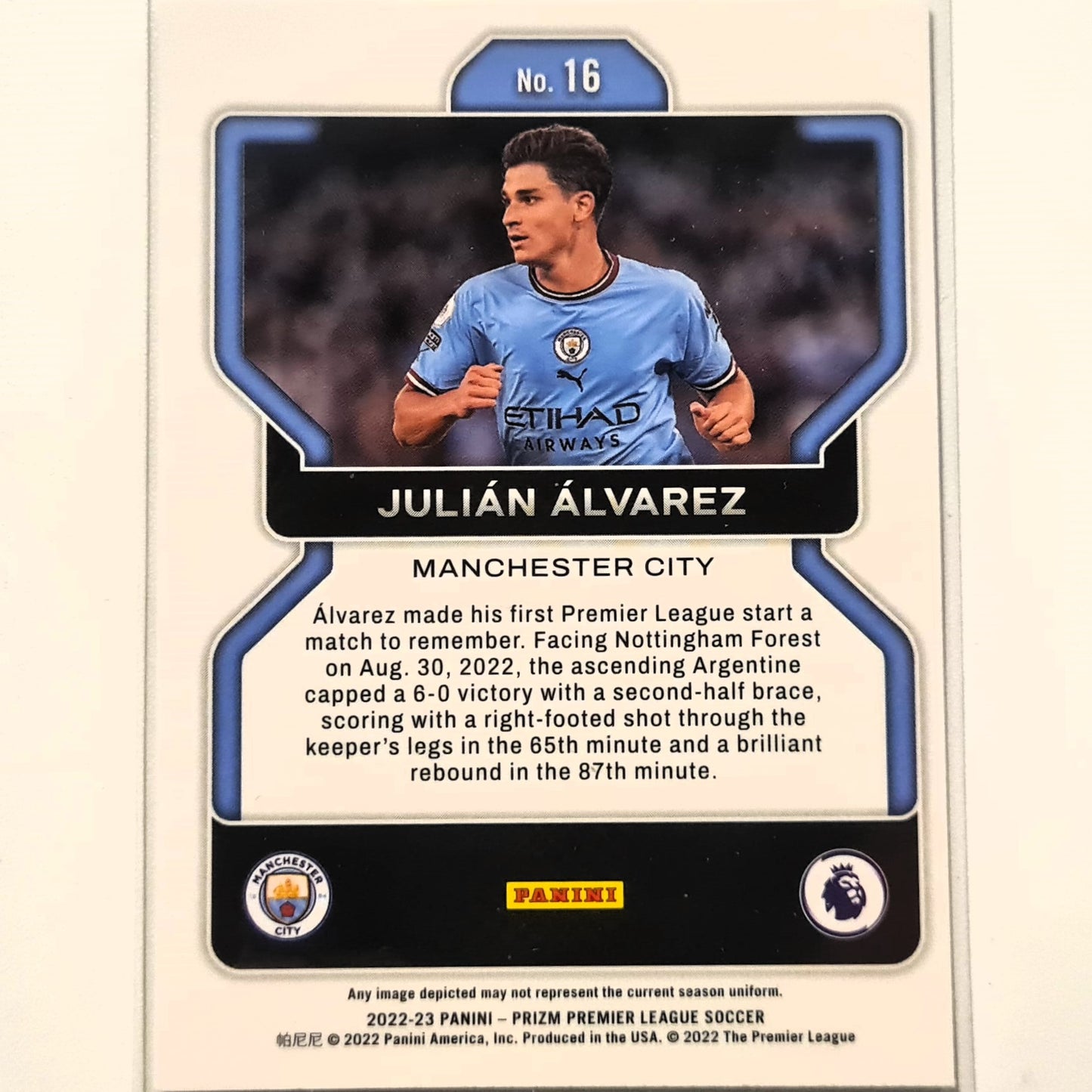 Julian Alvarez 2022-23 Panini Prizm Premier League Rookie RC #16 Soccer Football Manchester City Excellent-Mint Sleeved