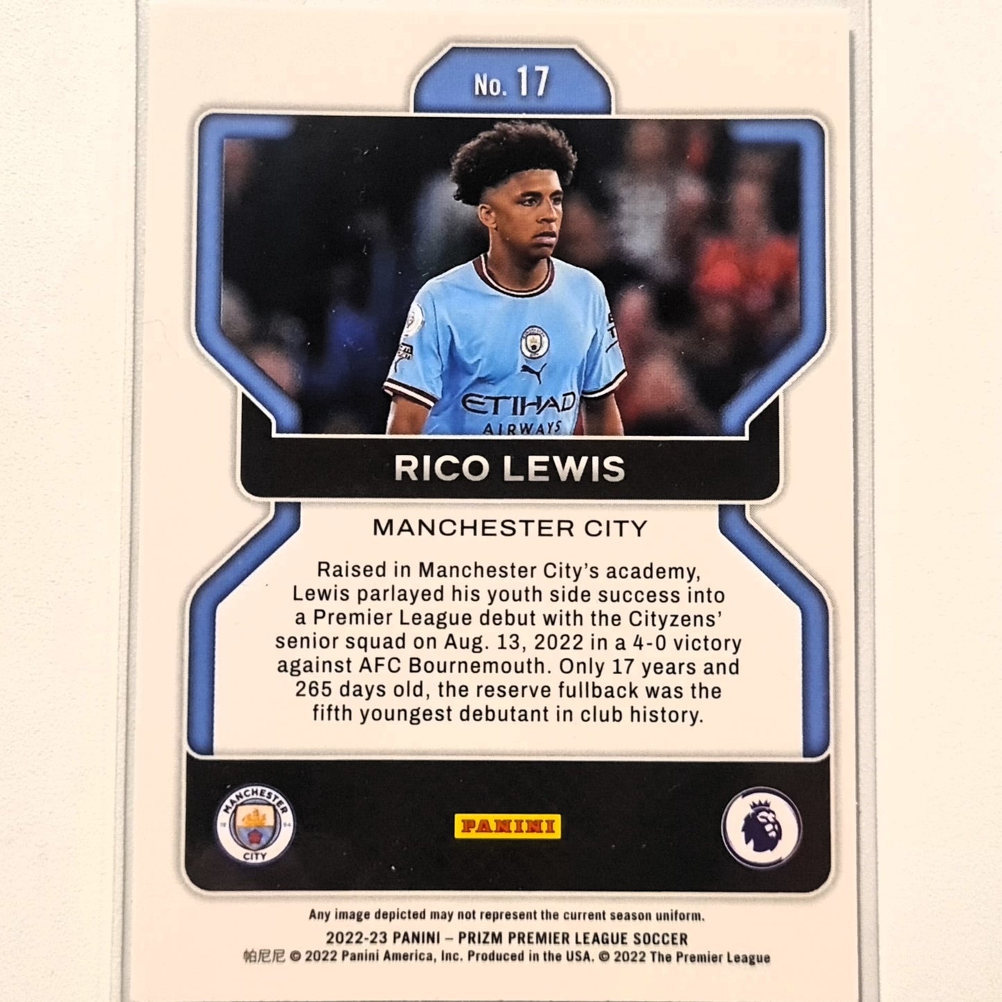 Rico Lewis2022-23 Panini Prizm Premier League Rookie RC #17 Soccer Football Manchester City Excellent-Mint Sleeved