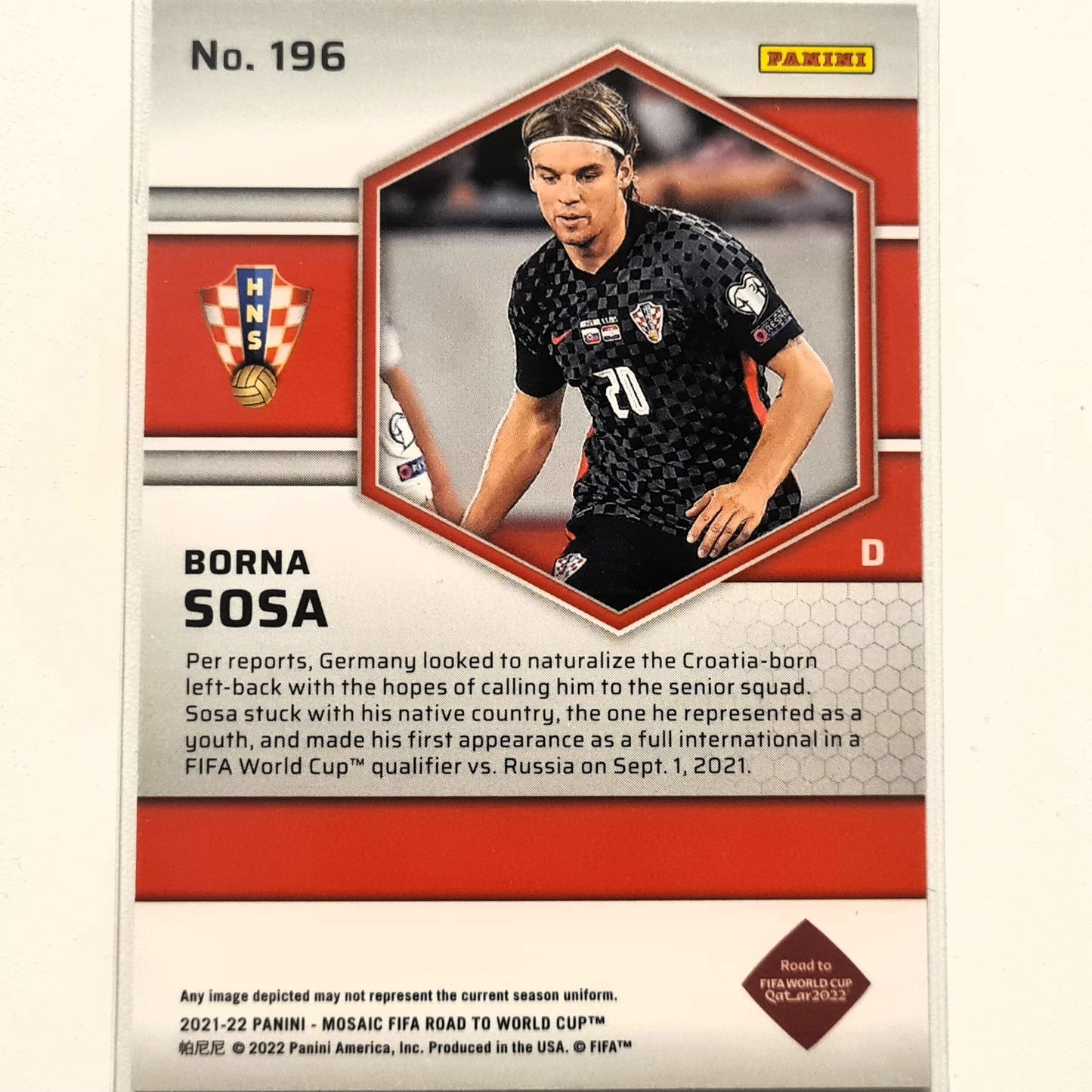 Borna Sosa 2021-22 Panini Mosaic Fifa road to the world cup Rookie RC #196 Soccer Croatia Excellent-Mint Sleeved