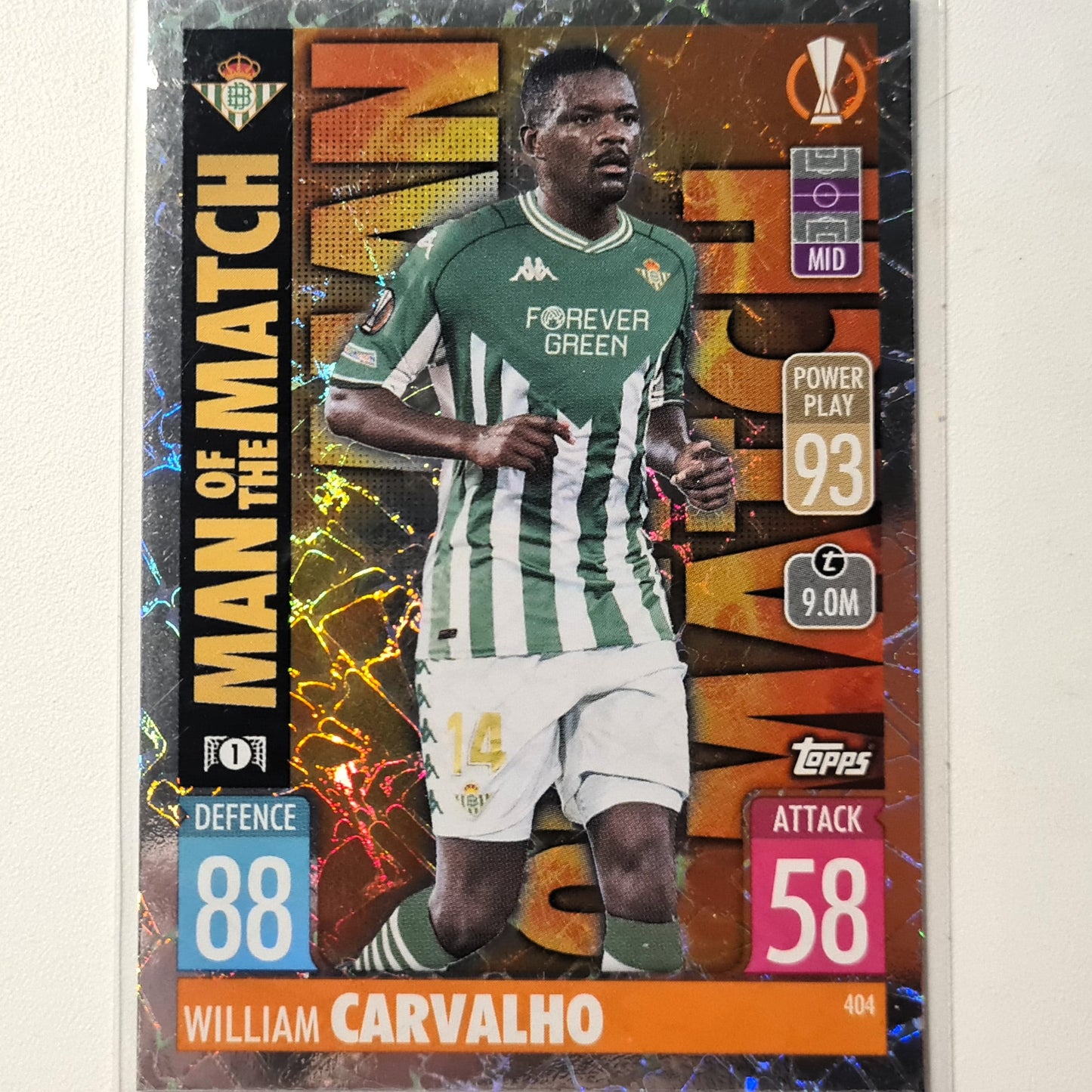 William Carvalho 2021-22 Topps Match Attax Man of the match #404 Soccer Football Real Betis Excellent Sleeved