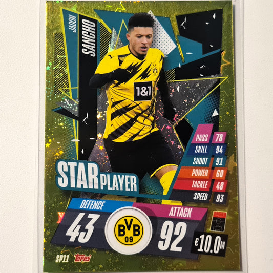 Jadon Sancho 2020-21 Topps Match Attax Star Player SP11 Fußball Fußball Borussia Dortmund Sehr gut geärmelt