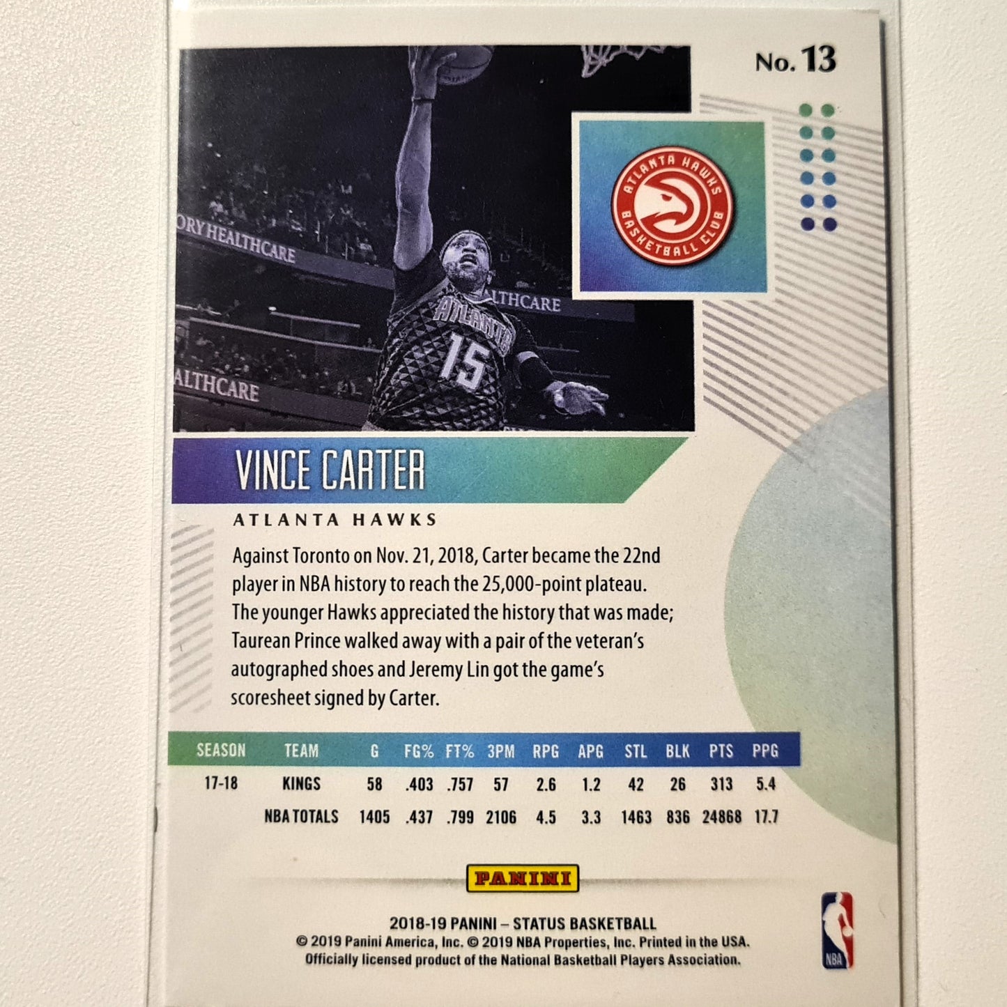 Vince Carter 2018-19 Panini Status #13 NBA Basketball Atlanta Hawks good-very good Sleeved