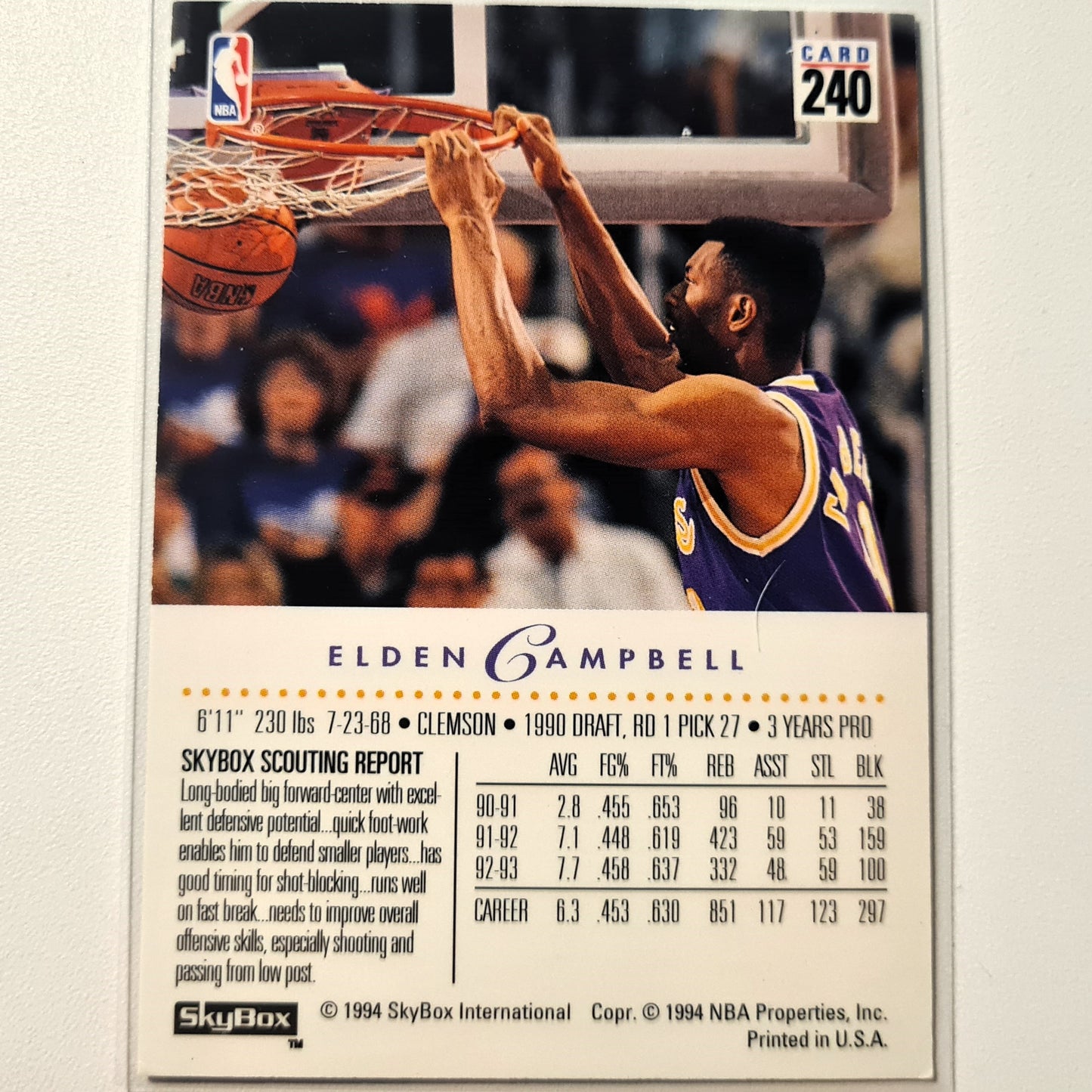 Elden Campbell 1994 Skybox #240 NBA Basketball LA Lakers Very good Sleeved