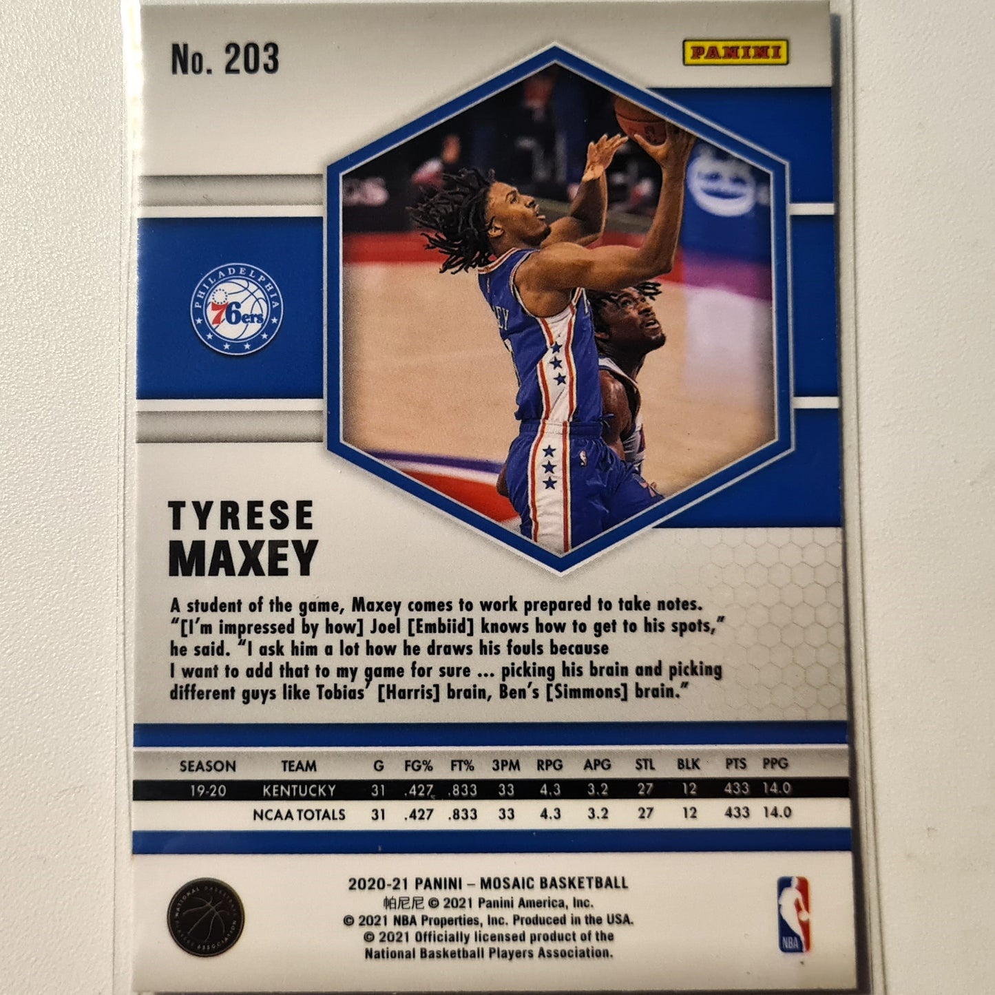 Tyrese Maxey 2020-21 Panini Mosaic  RC Card #203 NBA Basketball Philadelphia 76ers Mint sleeved