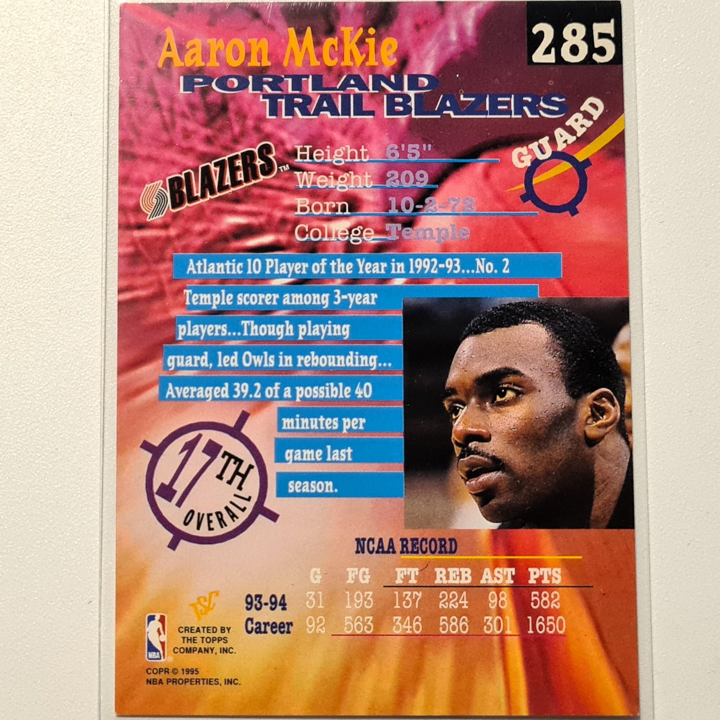 Aaron McKie 1995 Topps Stadium Club Draft Pick 94 Rookie RC #285 NBA Basketball Portland Trail Blazers Sehr gut mit Ärmeln