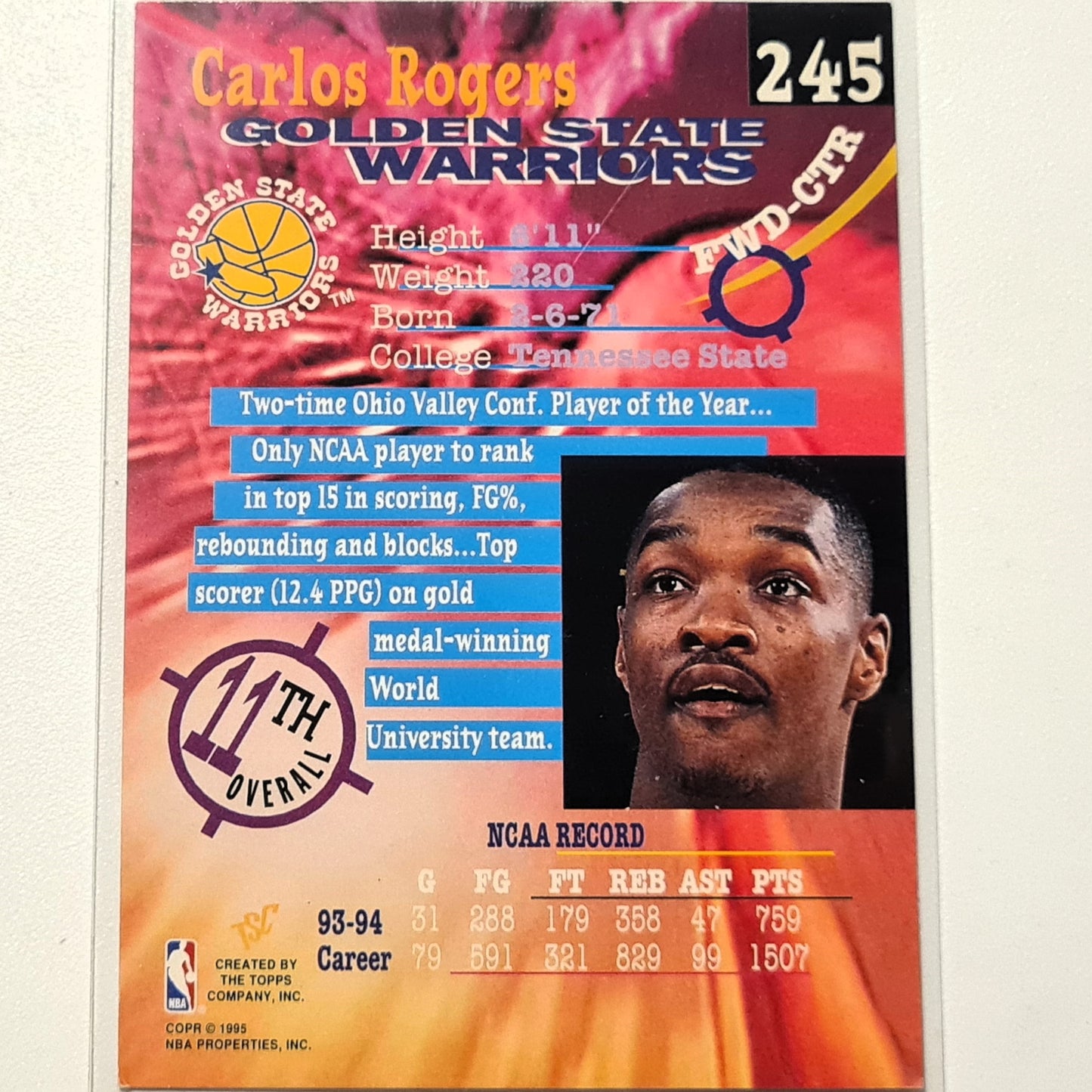 Carlos Rogers 1995 Topps Stadium club draft pick 94 Rookie RC #245 NBA Basketball Golden State Warriors  Very good Sleeved