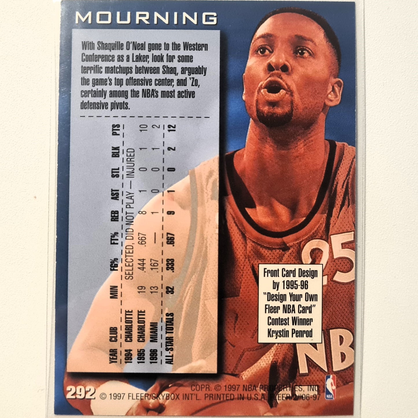 Alonzo Mourning 1997 Fleer 96-97 NBA ALL-STAR 3 Retro #292 NBA Basketball Miami Heat Excellent-mint Sleeved