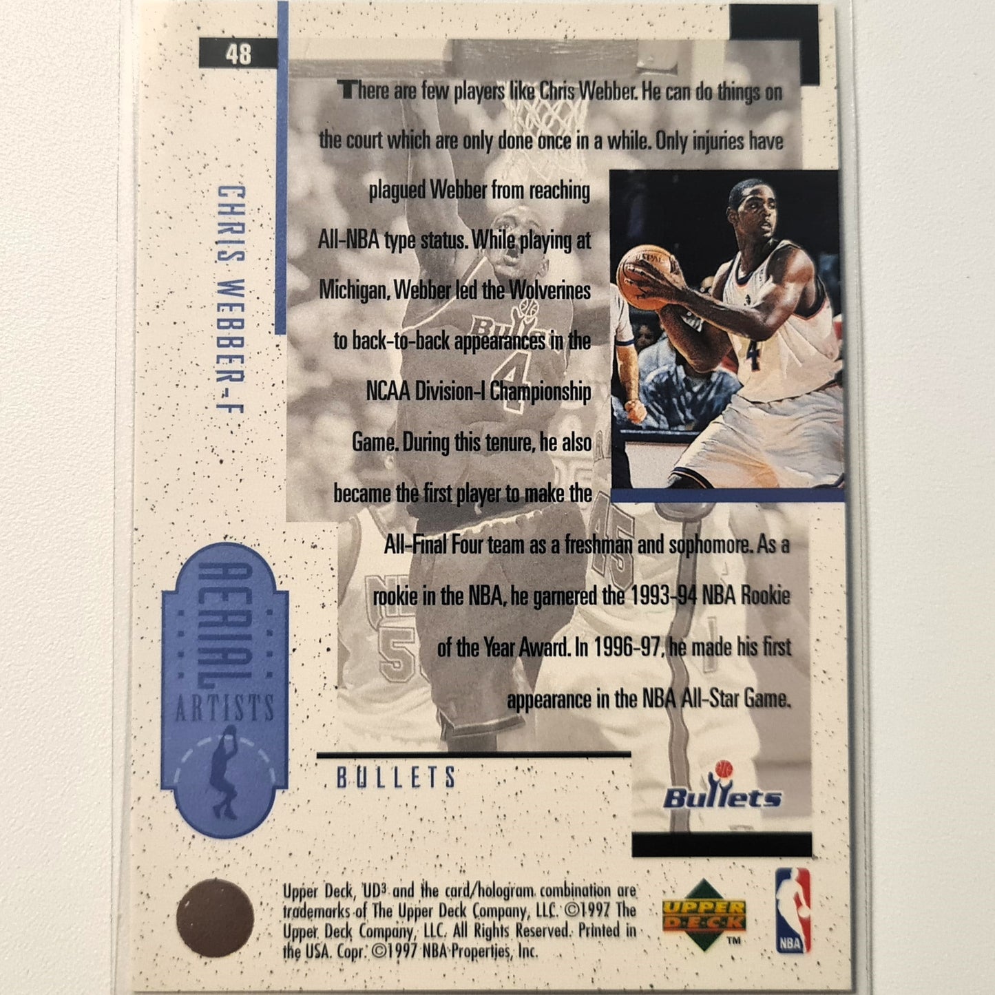 Chris Webber 1997 Upper Deck UD3 NBA Basketball #48 Ariel Artists Washington Bullets Excellent Sleeved