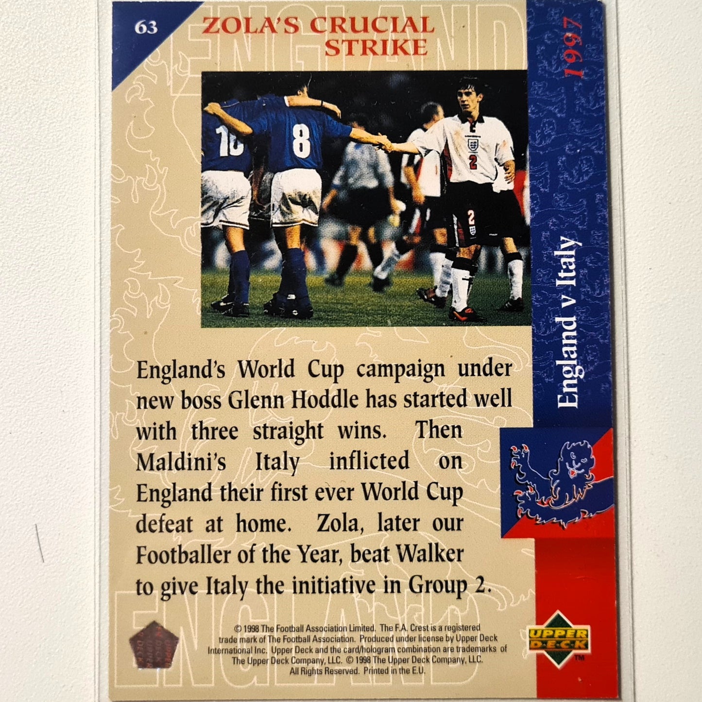 England vs Italy 1997 Upper Deck England Soccer Worst Moments #63 England World cup Very good sleeved