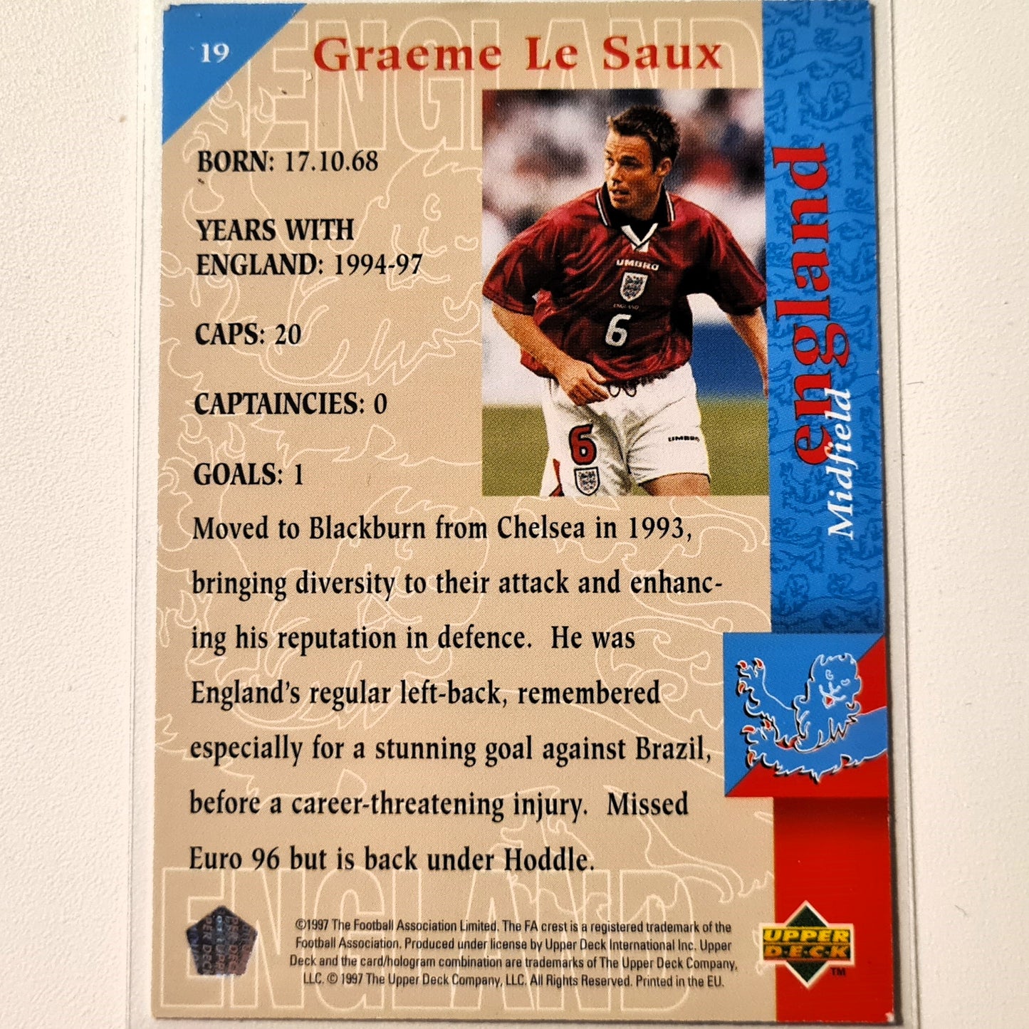 Graeme Lea Saux 1997 Upper Deck England Soccer The squad  #19 England World cup Good-Very good sleeved