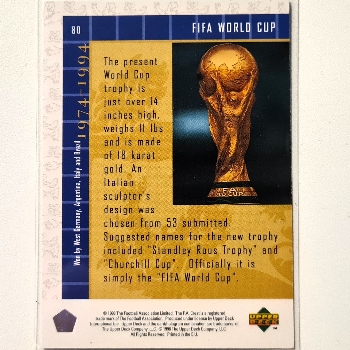 Fifa World Cup 1997 Upper Deck England Soccer Trophies #80 England World Cup Gute Ärmel