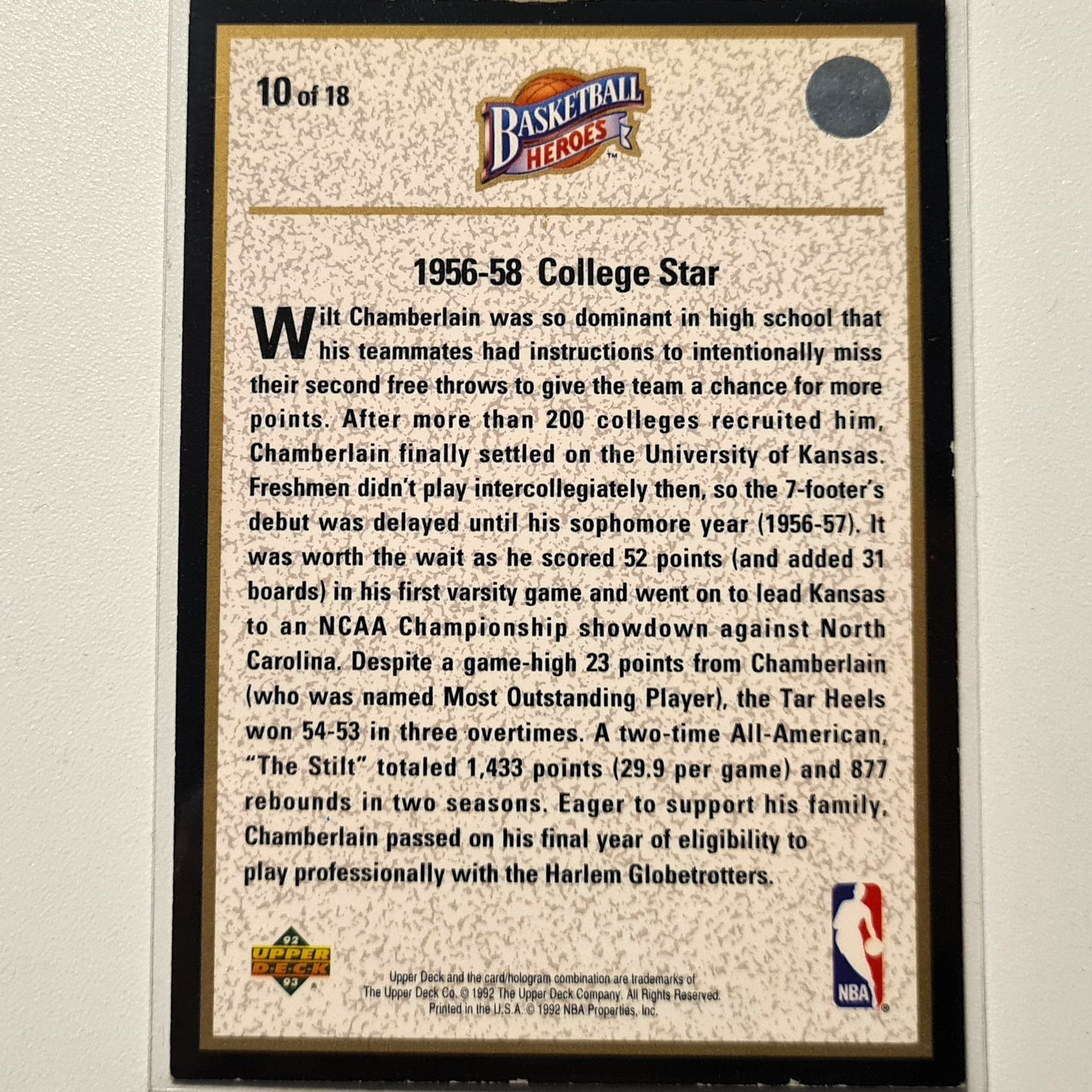 Wilt Chamberlain 1992 Upper-Deck Basketball Heroes College Star  10 of 18 NBA Basketball Philadelphia 76ers Kansas Fair/good sleeved