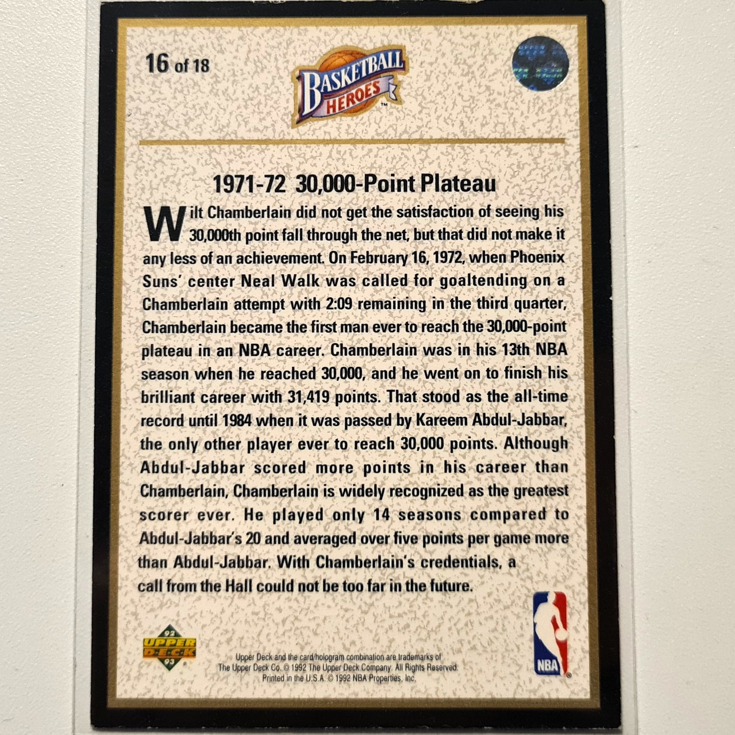 Wilt Chamberlain 1992 Upper-Deck Basketball Heroes 30,000 point plateau 16 of 18 NBA Basketball Philadelphia 76ers Fair/good sleeved