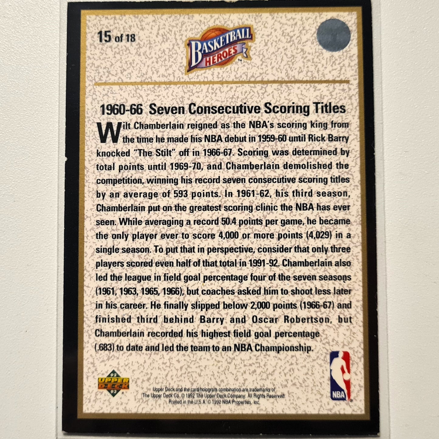 Wilt Chamberlain 1992 Upper-Deck Basketball Heroes Seven Consecutive  scoring titles 15 of 18 NBA Basketball Philadelphia 76ers Fair/good sleeved