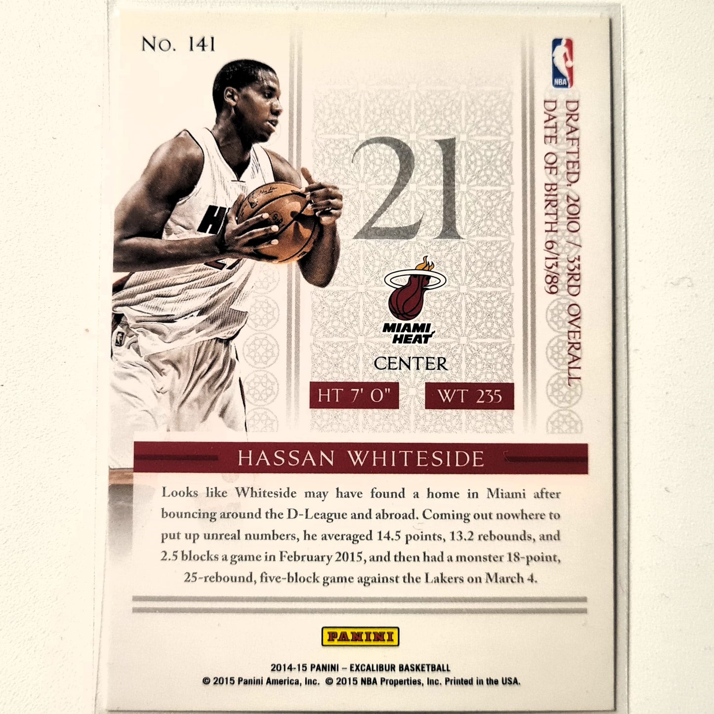 Hassan Whiteside 2014-15 Panini Excalibur #141 NBA Basketball Miami Heat Excellent sleeved