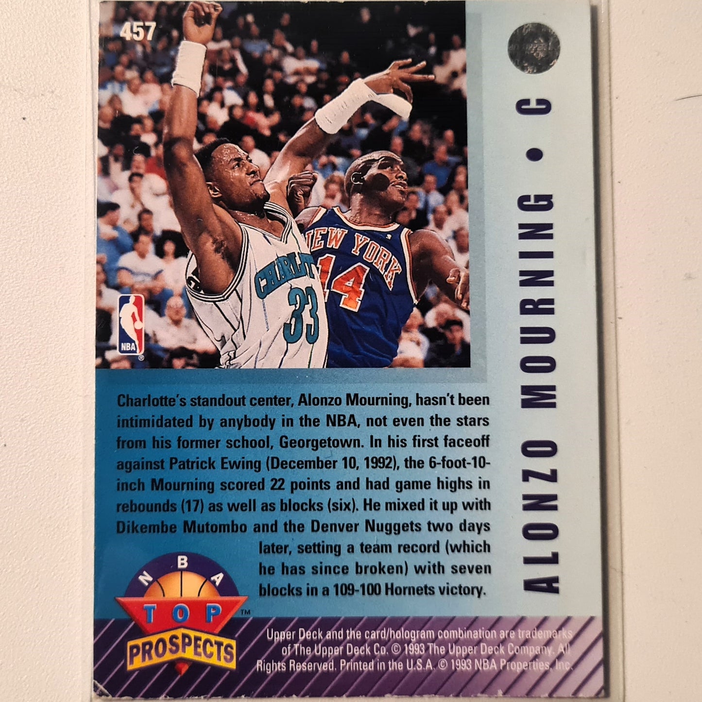 Alonzo Mourning 1993 Upper deck top prospects rookie rc card #457 NBA Basketball Fair sleeved