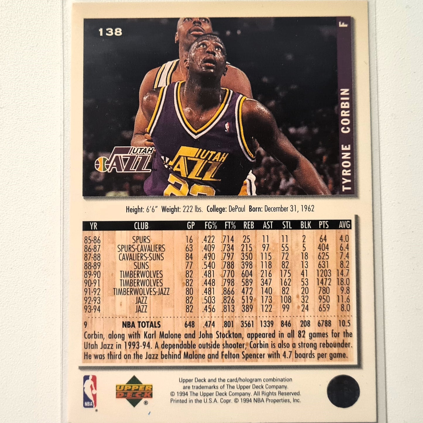 Tyrone Corbin 1994 Upper-Deck seltene silberne Signature Series Collectors Choice #138 NBA Basketball Utah Jazz Hervorragende Hüllen