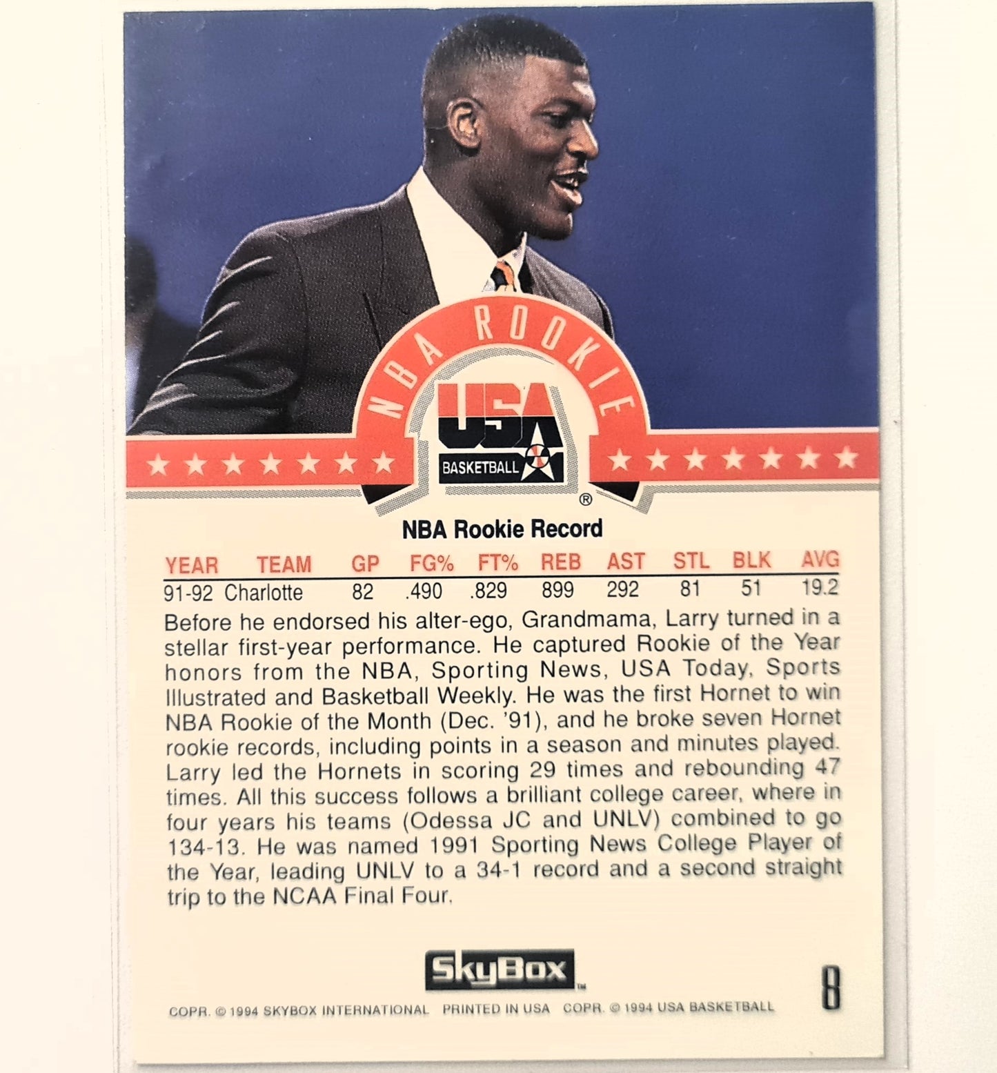 Larry Johnson 1994 Skybox USA Basketball NBA Rookie #8 NBA Basketball Charlotte Hornets Sehr gute Ärmel