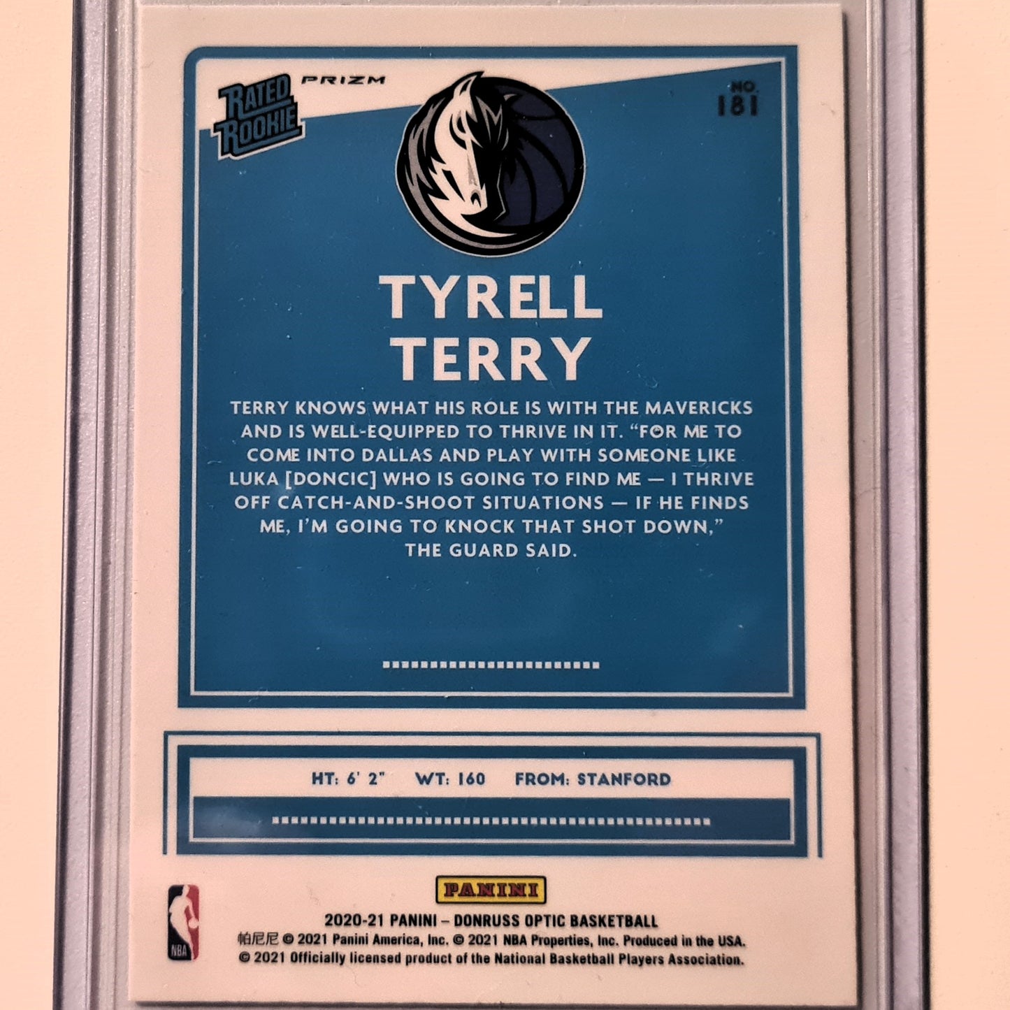 Tyrell Terry 2020-21 Panini Donruss Optic Blue Velocity Prizm Rated Rookie RC #181 NBA Basketball Dallas Mavericks Excellent/Mint Sleeved