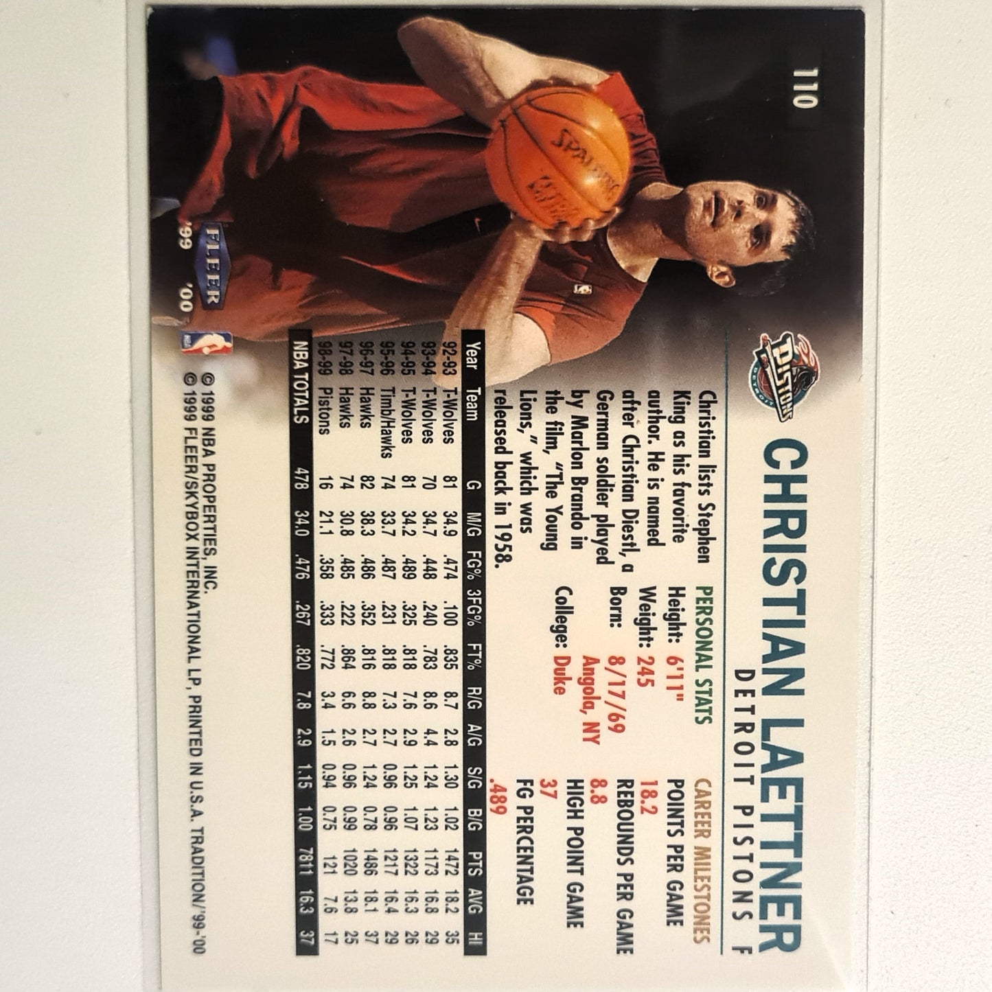 Christian Laettner 1999 Fleer Tradition 99-00  #85 NBA Basketball Detroit Pistons Good + sleeved