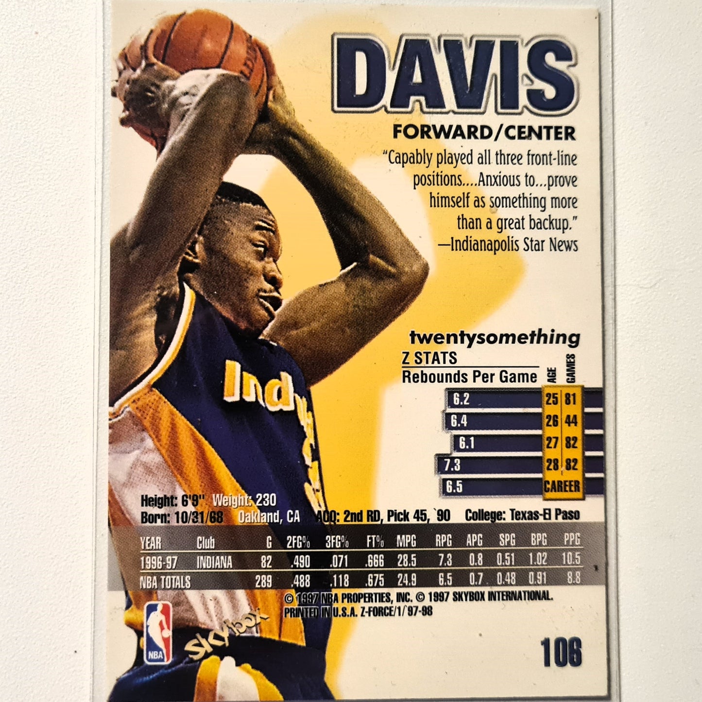 Antonio Davis 1997 Skybox Z-Force  #108 NBA Basketball Indiana Pacers Excellent sleeved