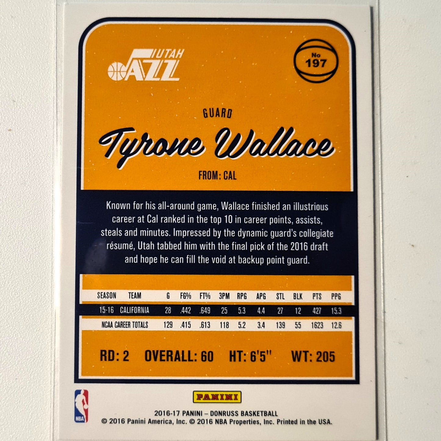 Tyrone Wallace 2016-17 Panini Donruss Winter Rookie RC #197 NBA Basketball Utah Jazz Excellent sleeved