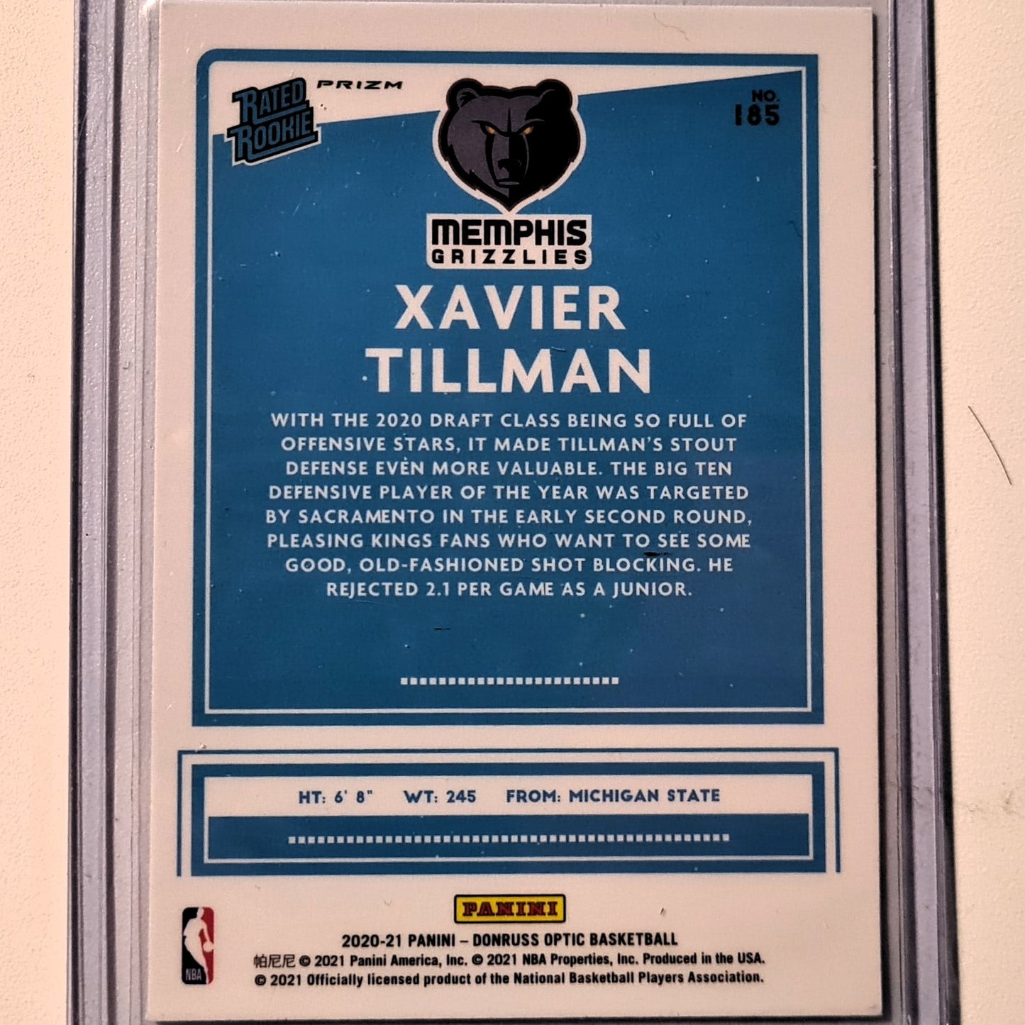 Xavier Tillman 2020-21 Panini Donruss Optic Prizm Rookie RC #185 NBA Basketball Memphis Grizzlies Excellent mint sleeved