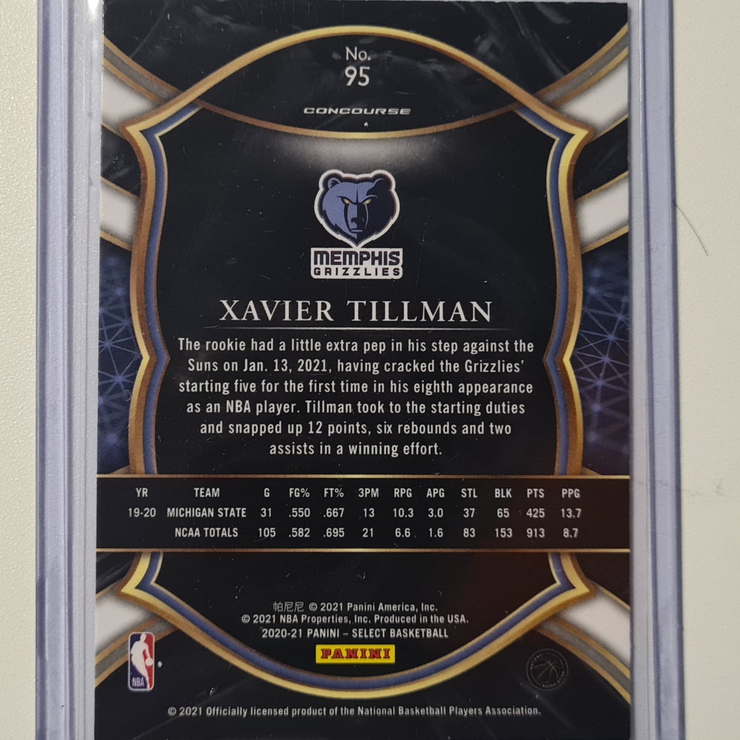 Xavier Tillman Panini Select Concourse Rookie RC #95 NBA Basketball Memphis Grizzlies Excellent mint sleeved