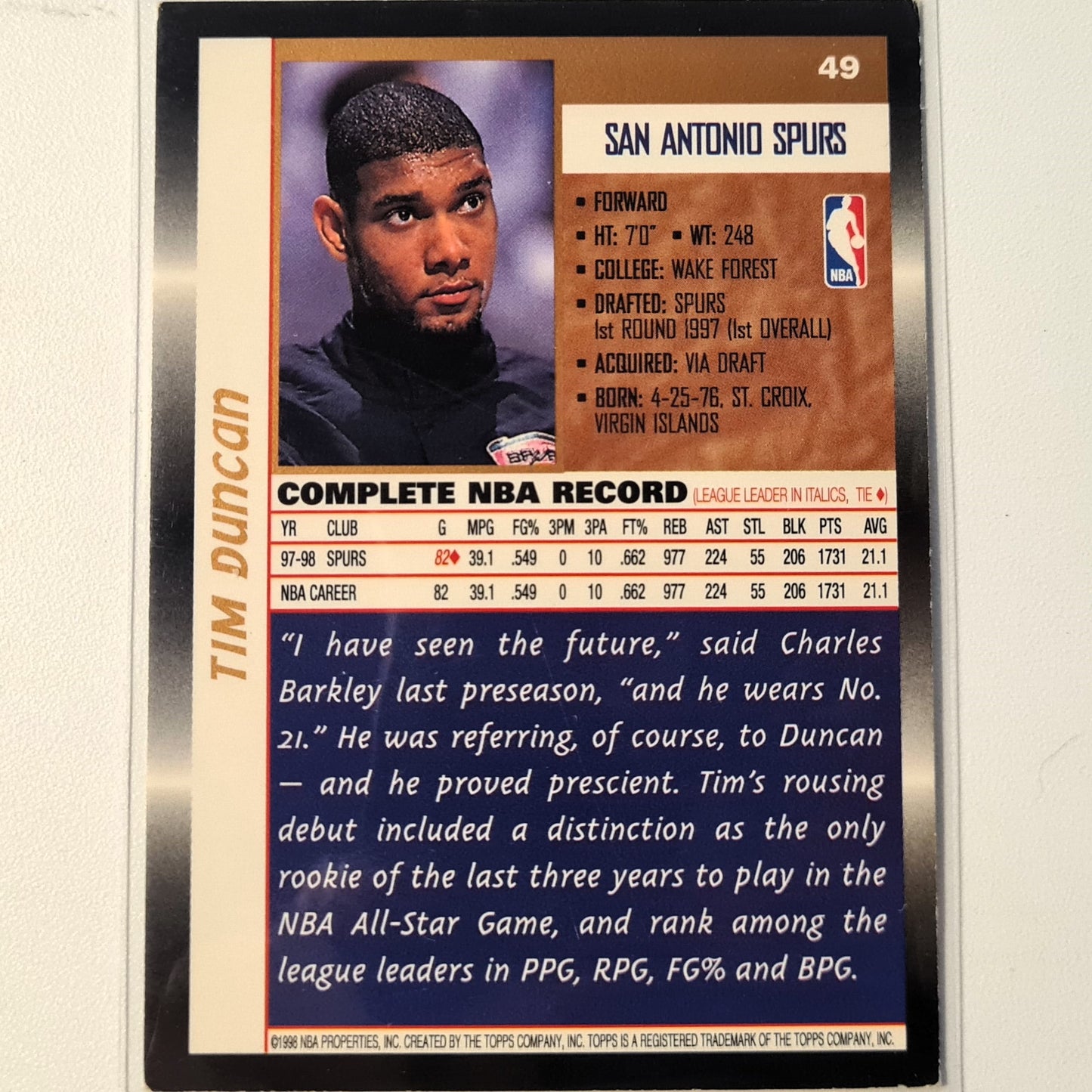 Tim Duncan 1998 Topps #49 NBA Basketball San Antonio Spurs mittelmäßig/gutärmelig