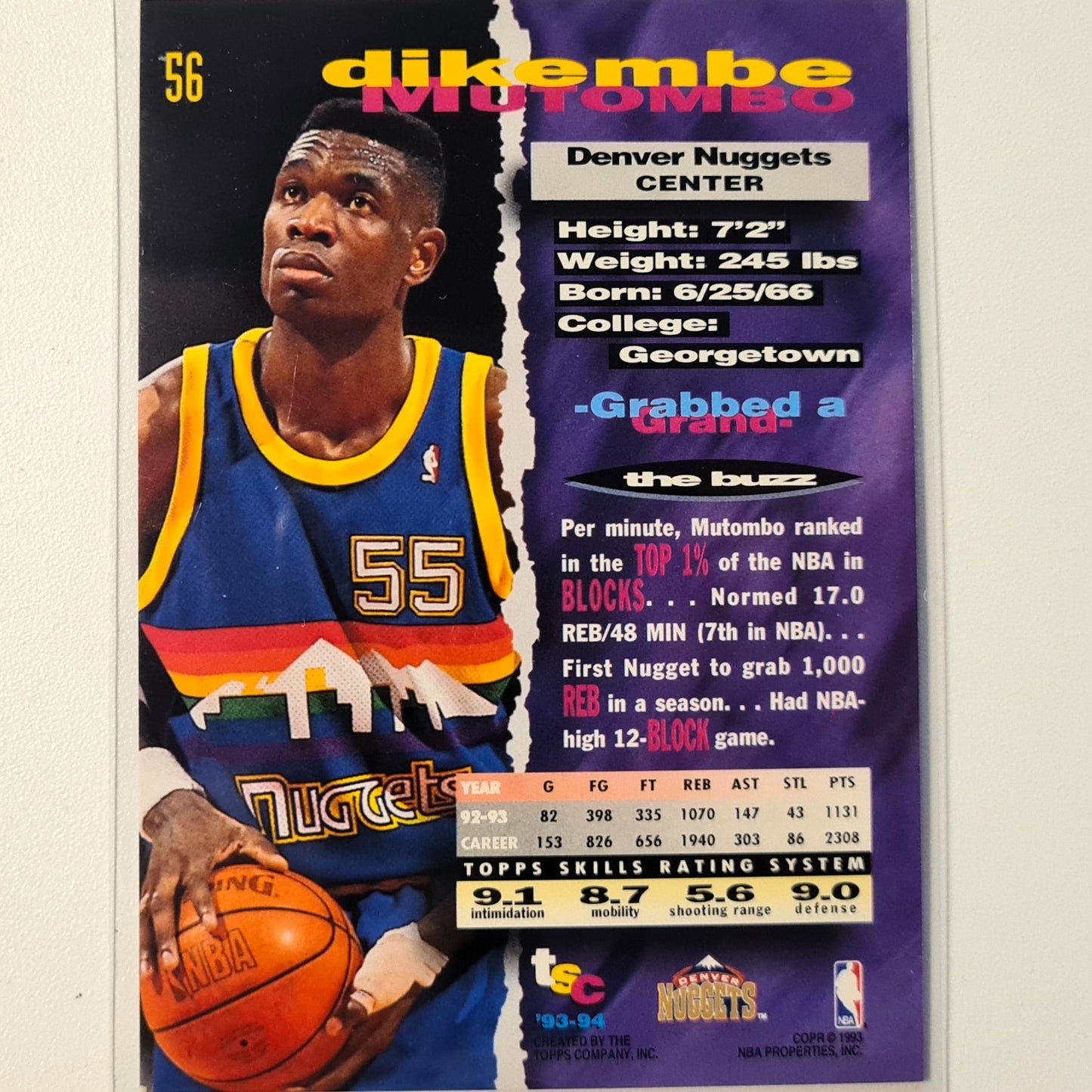 Dikembe Mutombo 1993 Topps Stadium Club #56 NBA Basketball Denver Nuggets Very good/Excellent sleeved