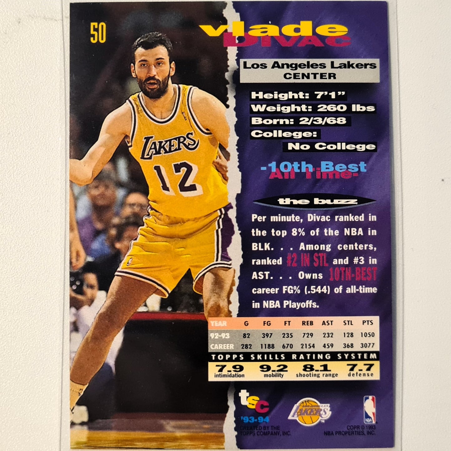 Vlade Divac 1993 Topps Stadium Club #50 NBA Basketball LA Lakers Very good sleeved