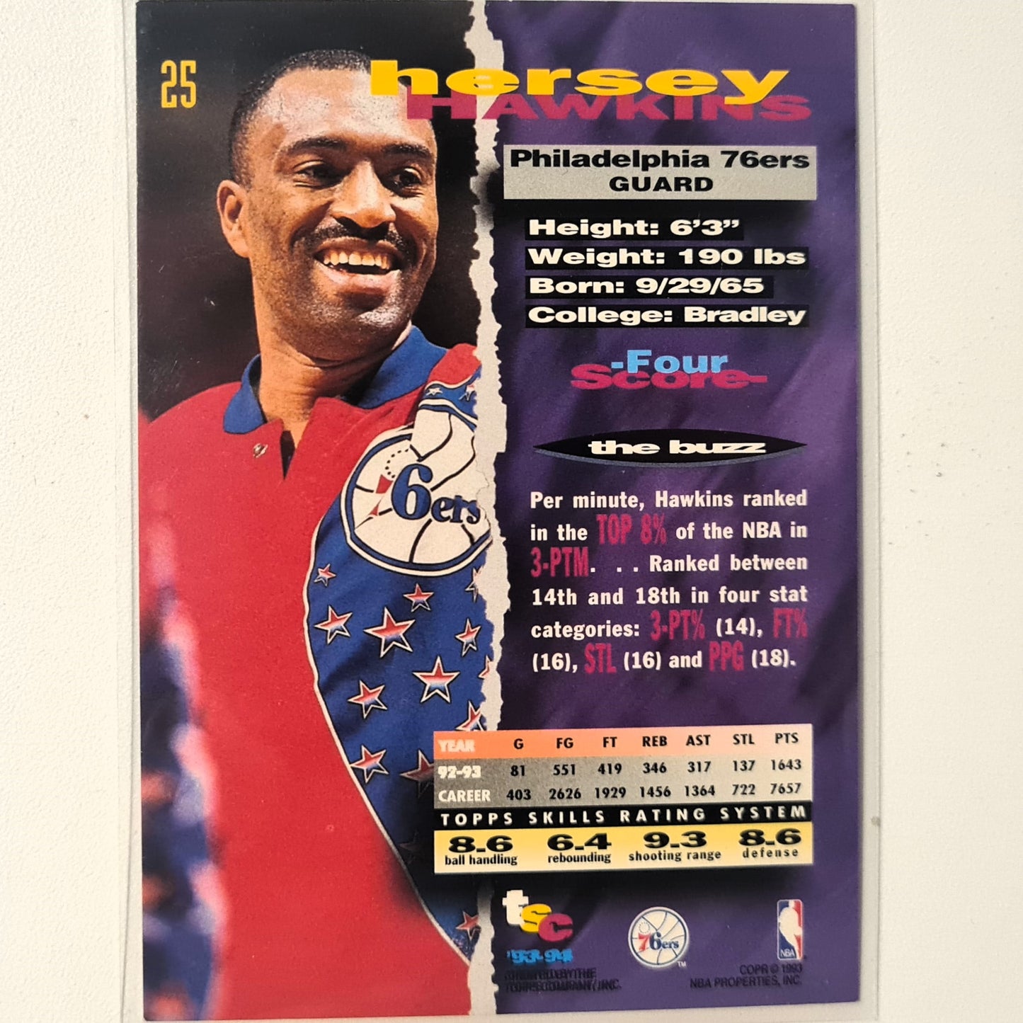 Hersey Hawkins 1993 Topps Stadium Club #25 NBA Basketball Philadelphia 76ers Gute Ärmel