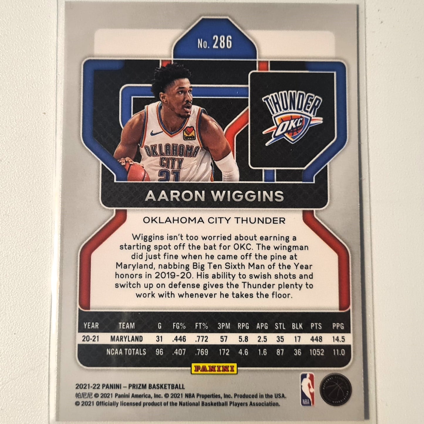 Aaron Wiggins 2021-22 Panini Prizm Rookie RC #286 NBA Basketball Oklahoma City Thunder Excellent/Mint sleeved