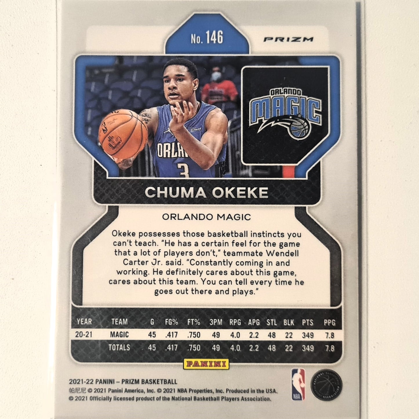 Chuma Okeke 2021-22 Panini PRIZM Cracked ice  #146 NBA Basketball Orlando Magic  Excellent/Mint sleeved