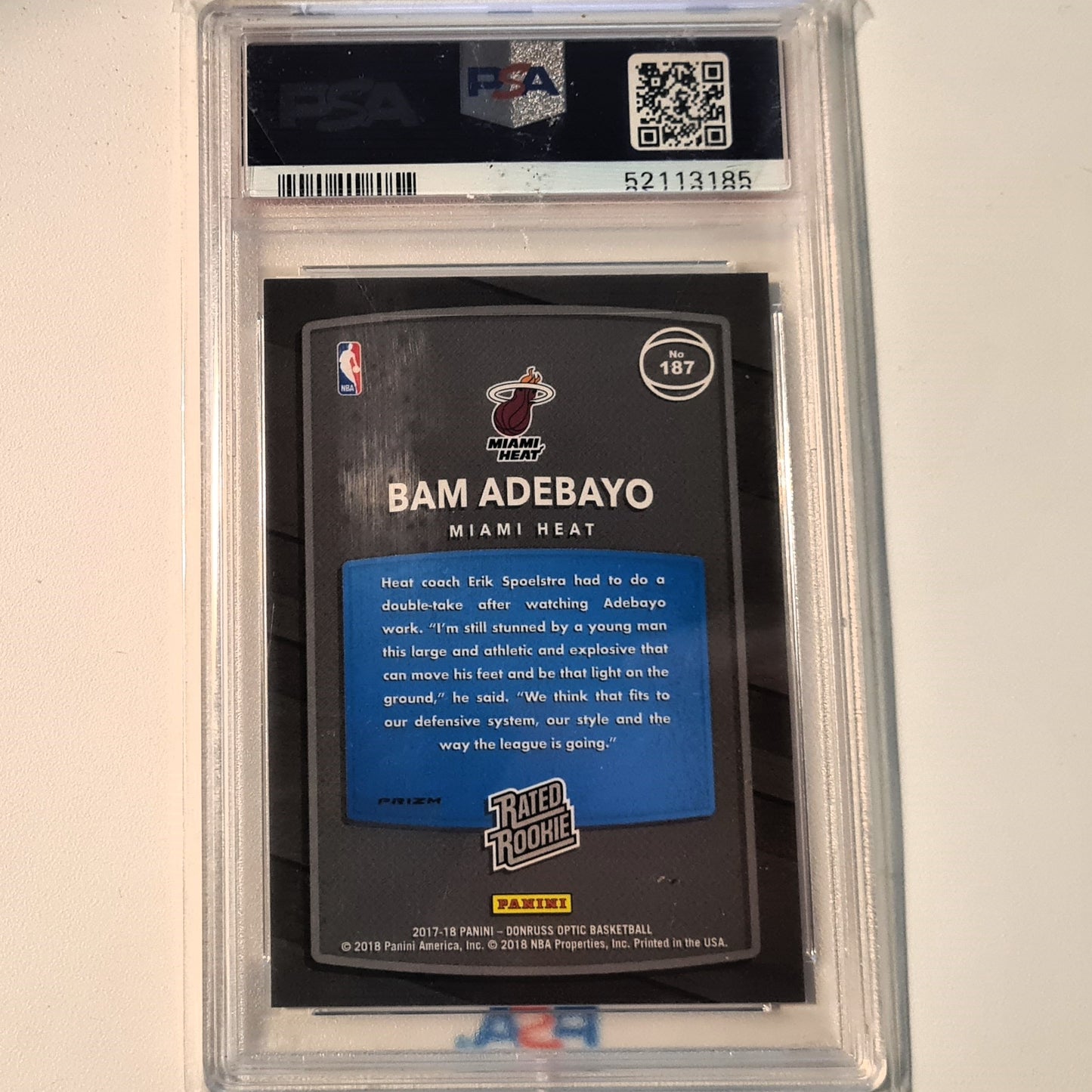 Bam Adebayo 2017-18 Panini Donruss Rated #187 NBA Basketball Miami Heat PSA 9 Graded Slab