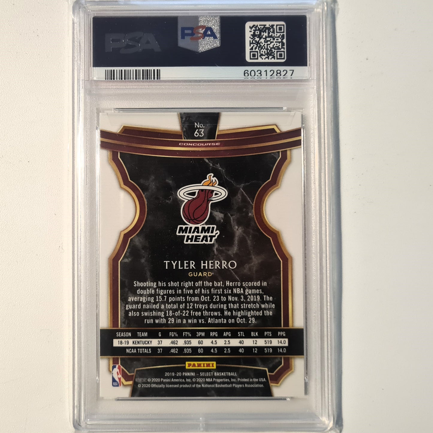 Tyler Herro 2019 Panini Select Rookie RC #63 NBA Basketball Miami Heat PSA 9 abgestufte Platte