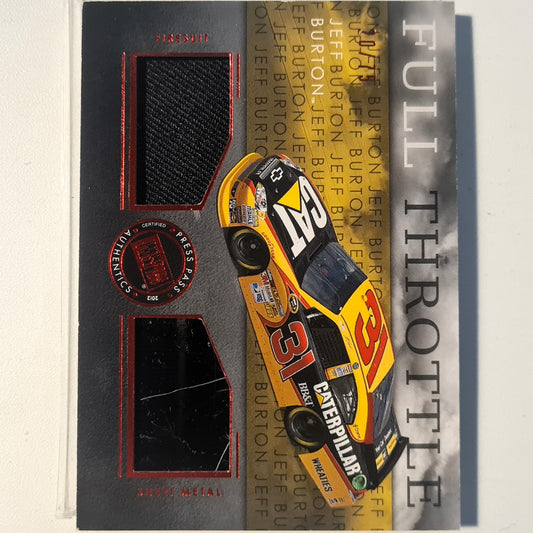 Jeff burton 2012 PRESSPASS Firesuit Sheet metal NUMBERED 20/75  patch FT-JB Nascar Motorsports good-very good sleeved