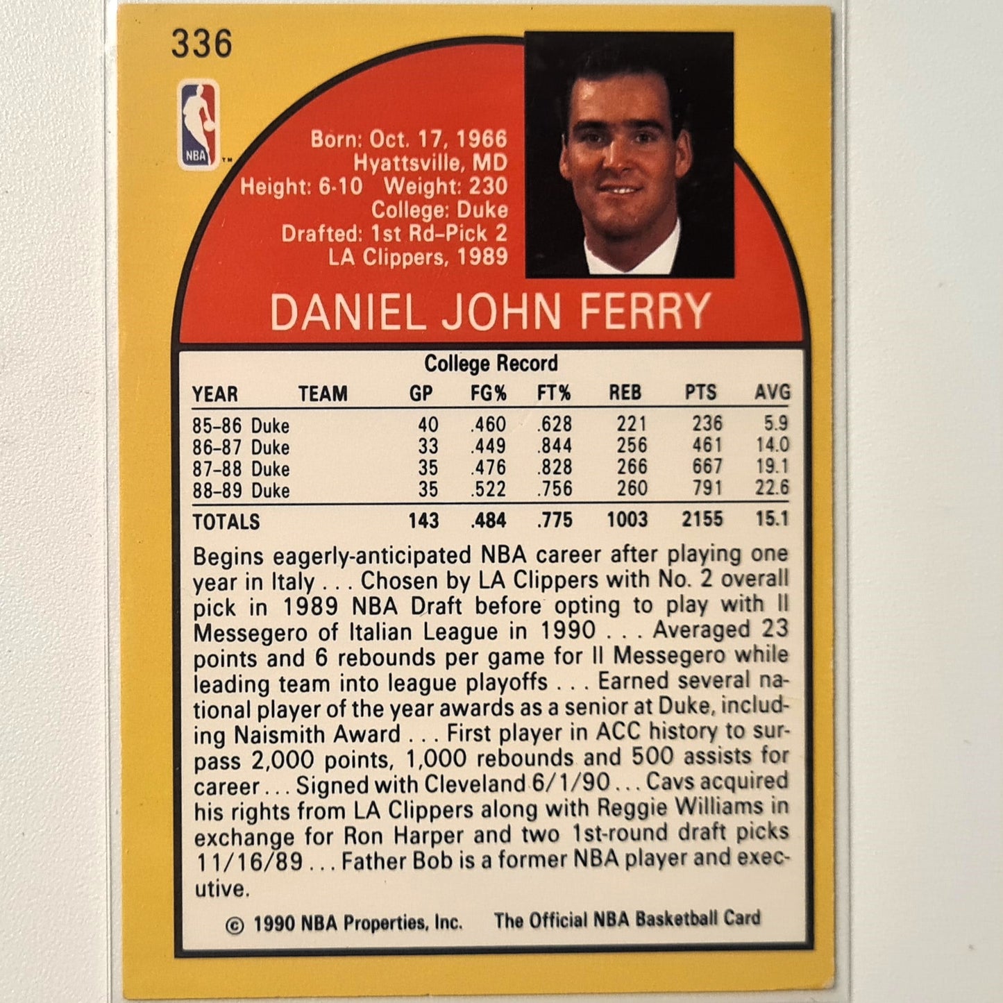 Danny Ferry 1990 NBA Hoops Rookie RC #336 NBA Basketball Cleveland Cavaliers Fair Sleeved