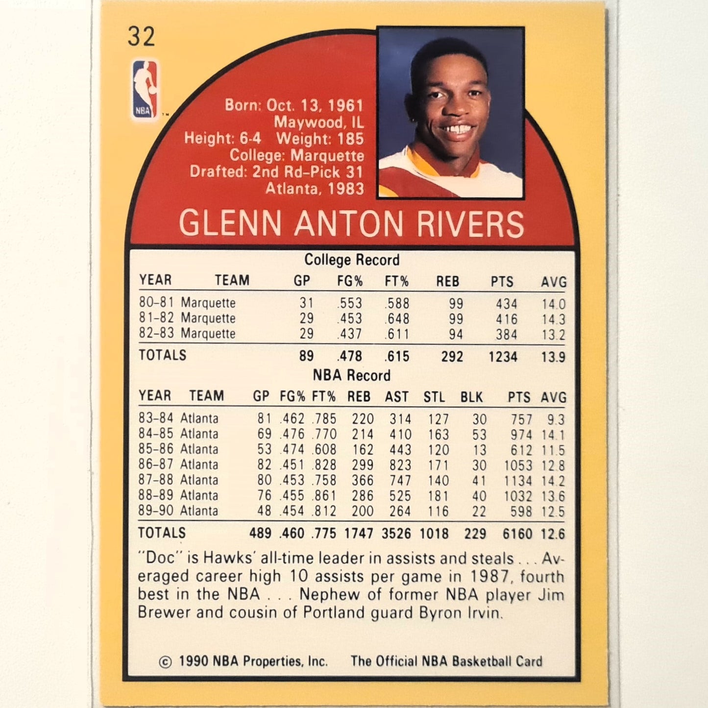 Glenn Rivers 1990 NBA Hoops #32 NBA Basketball Atlanta Hawks, sehr gut mit Ärmeln