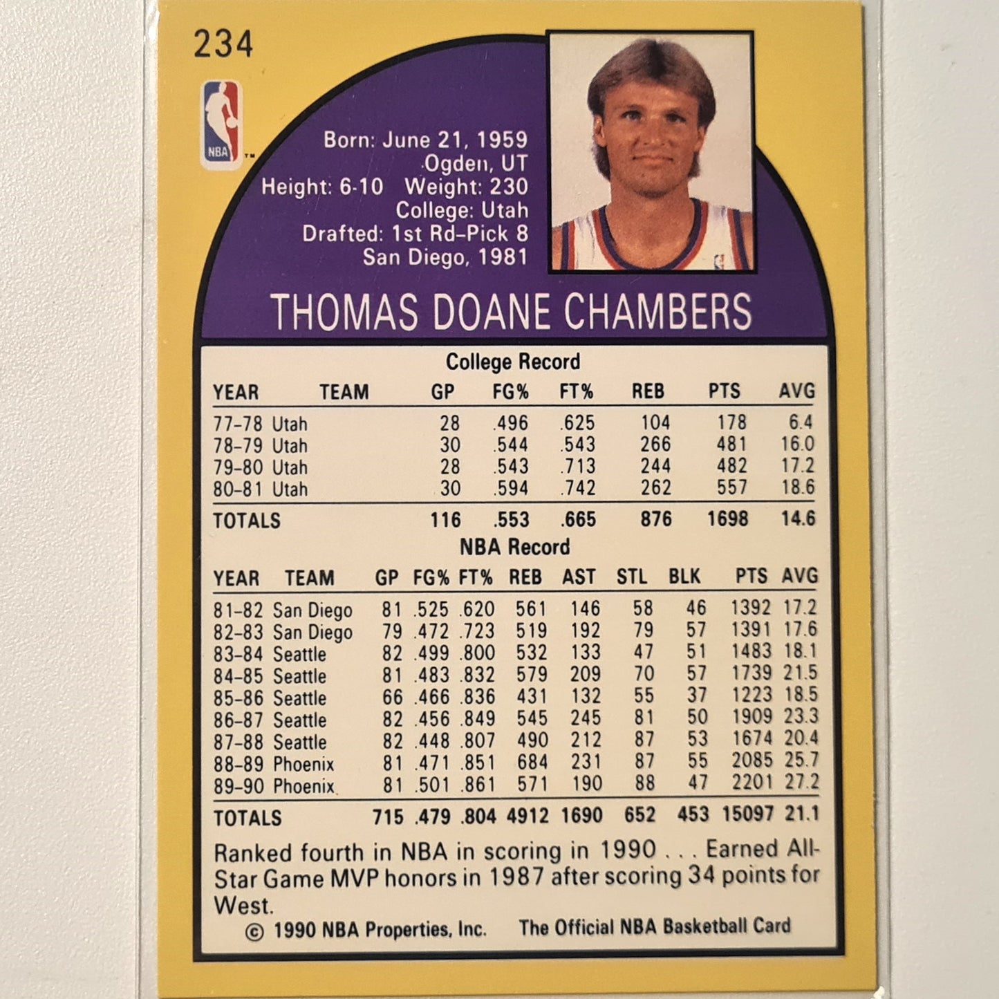 Tom Chambers 1990 NBA Hoops #234 NBA Basketball Phoenix Suns, sehr gut mit Ärmeln