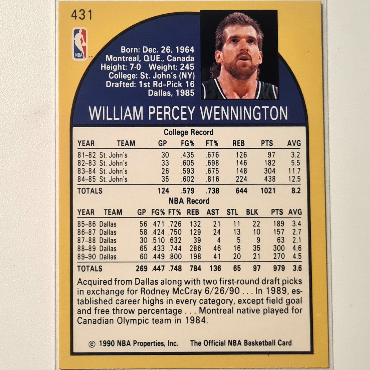 Bill Wennington 1990 NBA Hoops #431 NBA Basketball Sacramento Kings very good Sleeved